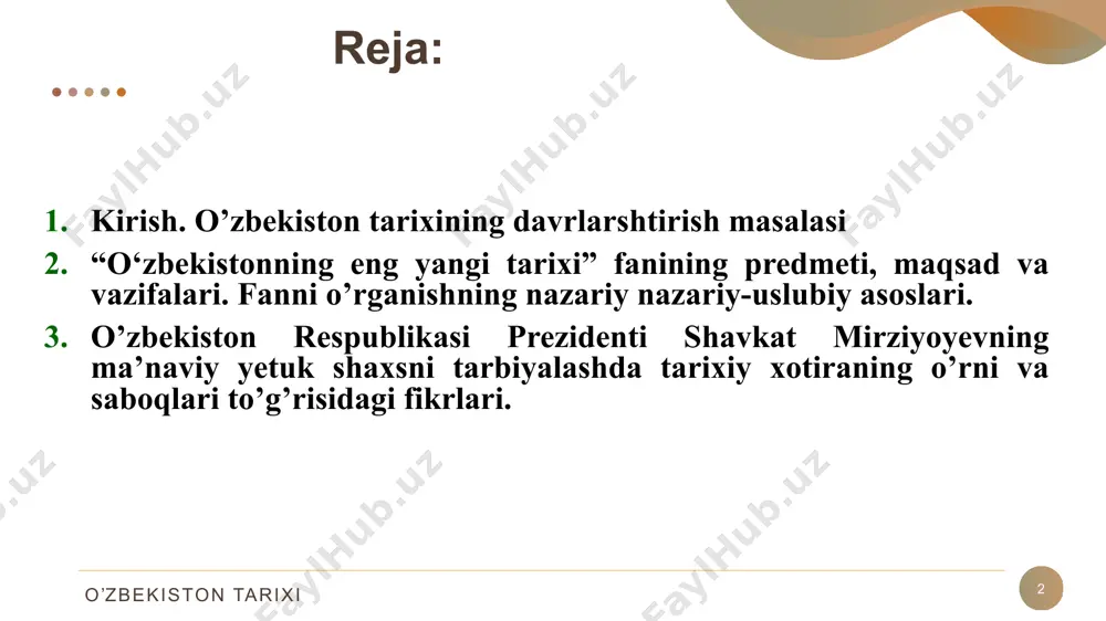989 – 2016 yillar – milliy tiklanish davri 2017 – yildan keyingi – milliy yuksalish davri 7 o’zbekiston tarixi o‘zbekiston tarixiga oid asosiy yozma manbalar 8 avesto qadimgi eron va hind manbalari abulqosim firdavsiy «shohnoma» «mahobharata» yunon va rim manbalari: xeradot «tarix» kvint kursiy ruf «buyuk iskandar tarixi» arrian flaviy «iskandarning yurishlari» pompey trog «filipp tarixi» gay pliniy sekund «oddiy tarix» polibiy «umumiy tarix» strabon «geografiya» ptolomey klavdiy «geografiya» xitoy manbalari: sima syan «shi szi» - («tarixiy esdaliklar») byan gu «syan xan shu» - («avvalgi xan sulolasining tarixi») li yan-shou «bey shu» («shimoliy sulolalar tarixi») fan xua «xou xan shu» («keyingi xan sulolasi tarixi») o’zbekiston tarixi 9 ix-xii asr arab tilidagi manbalar: • muhammad muso al xorazmiy «kitob at-tarix» - («tarix kitobi») • madoiniy abluhasan ali ibn muhammad «kitob al mag‘oziy» («urushlar haqida kitob») • al-ya’qubiy «kitob al buldon» («mamlakatlar haqida kitob») • balazuriy «kitob futuh al-buldon» («mamlakatlarni zabt etilishi») …