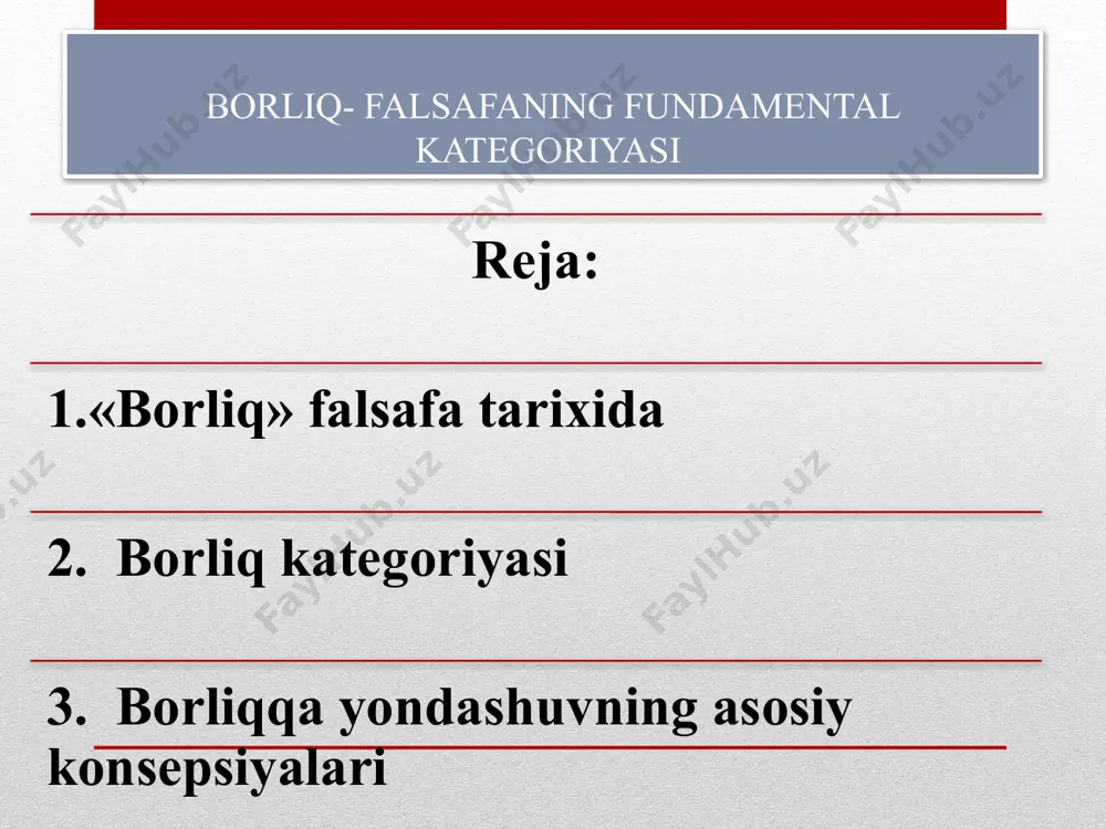 ologik ta'limotni butunlay yangicha bosqichga ko‘tarishdi. masalan, forobiy ontologiyaga yagona bor­liqning mohiyatini ochib beruvchi ta'limot sifatida yondashgan. o‘rta asrlar g‘arb falsafasida esa ontologiya teologiya bilan chambarchas bog‘lab tushuntiriladi. bu davrda absolyut borliq xudo bilan, «sof» mohiyatlar ierarxiyasi bilan, «yaratilgan» borliq esa moddiy tabiat bilan ay­nanlashtirib talqin etilgan. sxolastik falsafada ontologiya substansial va aksidensial, aktual va potensial, zaruriy va tasodifiy, ehtimoldagi va imkoniyatdagi borliq darajalarini ifodalovchi ta'limot sifatida qaralgan. bu davrda borliq konsepsiyalari nominalizm, realizm va konseptualizm namoyon­dalarining universaliylarning ontologik mohiyatiga munosa­bati tarzida namoyon bo‘ladi. sharq falsafasida ontologiya ko‘proq ilohiy borliqning mohiyatini, xudoning mohiyatini aks ettiruvchi ta'limot tarzida, sharq panteistik falsafasida esa vahdatu mavjud va vahdatu vujud ko‘rinishidagi ta'limotlar shaklida vujudga kelgan. xullas, borliq haqidagi muammo falsafada tarixan markaziy o‘rin egallaydi. falsafa o‘rganadigan qaysi bir masalani ol­maylik, u borliq muammosi bilan bog‘liq ekanligini ko‘ramiz. haqiqatdan ham, borliq, unga munosabat masalasi falsafiy qarashlarda muhim ahamiyatga egadir, chunki, borliq muammosi falsafadagi har qanday …