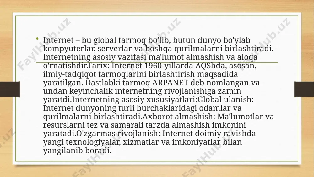 imoya qilish, zararli dasturlar va kiberhujumlardan saqlanish uchun zarur bo'lgan choralar to'plamidir. quyida internet va elektron pochta xavfsizligi bilan bog'liq asosiy muammolar va ularga qarshi kurashish usullari keltirilgan:1. elektron pochta xavfsizligispam: spam – bu keraksiz yoki reklama xabarlarini anglatadi. spam xabarlar ko'pincha foydalanuvchilarga zarar yetkazish uchun ishlatiladi (masalan, phishing xabarlar).chora: spam filtrlaridan foydalanish, shuningdek, shubhali xabarlarni ochmaslik va noma'lum manzildan kelgan xabarlarga javob bermaslik. phishing: phishing – bu internetdagi foydalanuvchining shaxsiy ma'lumotlarini (masalan, login, parol, kredit karta raqamlari) o'g'irlashga qaratilgan hujumdir. phishing xabarlari ko'pincha ishonchli manzildan kelgandek ko'rinadi, lekin aslida ular soxta saytga olib boradi.chora: e-mailda yuborilgan linklarni tekshirish (masalan, manzilni diqqat bilan o'qish), har doim rasmiy saytlarga to'g'ridan-to'g'ri kirish (link orqali emas) va shubhali xabarlarni ochmaslik.zararli dasturlar (malware): elektron pochta orqali zararli dasturlar (viruslar, trojanlar, ransomware) yuborilishi mumkin. bu dasturlar foydalanuvchining qurilmasiga zarar yetkazishi yoki ma'lumotlarni o'g'irlashi mumkin.chora: elektron pochta ilovalari yoki shubhali xabarlar orqali hech qanday faylni yuklab …