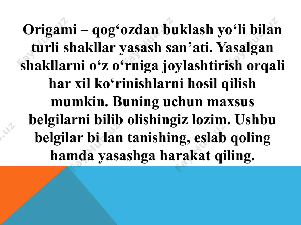 bosqich: hosil bo‘lgan to‘g‘ri to‘rtburchakning yuqori va pastki tomonlarini ichki qismiga buklab uchburchak hosil qilinadi. 4-bosqich: hosil bo‘lgan uchburchakning burchaklarini ikki yon tomonga tortib burchak hosil qilinadi. xuddi shu bosqich hosil bo‘lgan shaklning pastki qismida ham bajariladi. 5-bosqich: hosil bo‘lgan shaklni orqa tomoniga teng ikkiga buklasak, qo‘shqayiq maketining shakli hosil bo‘ladi. 4 «qo‘shqayiq» maketini yasash bosqichlari 1-bosqich: ikki tomoni 10 sm bo‘lgan kvadrat shaklidagi qog‘oz olinadi. kvadrat shaklidagi qog‘ozni buklash usullari orqali 16 ta kvadrat, 32 ta uchburchak chiziqlar hosil qilinadi. 2-bosqich: hosil bo‘lgan buklash chiziqlari orqali kvadrat shakli teng ikkiga buklanadi. 3-bosqich: hosil bo‘lgan to‘g‘ri to‘rtburchakning yuqori va pastki tomonlarini ichki qismiga buklab uchburchak hosil qilinadi. 4-bosqich: hosil bo‘lgan uchburchakning burchaklarini ikki yon tomonga tortib burchak hosil qilinadi. xuddi shu bosqich hosil bo‘lgan shaklning pastki qismida ham bajariladi. 5-bosqich:hosil bo‘lgan shaklni orqa tomoniga teng ikkiga buklasak qo‘shqayiq maketining shakli hosil bo‘ladi. 6-bosqich: uchburchakning bitta uchini unga qarama-qarshi bo‘lgan ikkinchi …