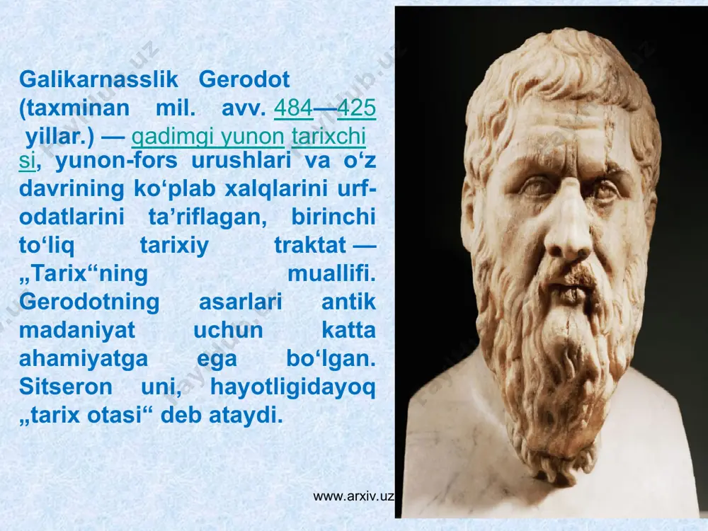 sо`g`dlar politmet (zarafshon) bо`ylarida, saklar tyanshan tog`ining g`arbiy etaklarida joylashgan edilar. shundan sо`ng geradot hindiston о`lkasida sayohatini davom ettirib, panjobga boradi. bu yerga bostirib kelgan doro haqida qimmatli malumotlar tо`playdi. geradot keyingi asarlarida liviya, misr о`lkalarini ham keng tasvirlaydi. geradot tarixning shunchaki xabarchisi emas, balki tarixni jonlantirib kо`rsatuvchi yetuk ijodkordir. uning skiflar haqidagi asarlari nihoyatda bebaxo va qadrli. www.arxiv.uz www.arxiv.uz geradotning “skiflar” asari jahon xazinasida munosib о`rin tutgan, bu asar juda kо`plab tillarga tarjima qilingan. skiflarni birinchi bо`lib, jahonga tanitgan ham geradotdir, xvii – xviii asrlardayoq rus imperatorlari geradotning “skiflar” asarini juda katta qiziqish bilan о`qishgan va juda kо`p nushalarda tarjima qilishga buyuruq berishgan. natijada, asar bir necha marta tarjima qilinib, qayta-qayta nashr etiladi. skiflar haqida geradotdan ilgari yunon olimlari gomer,esxil ham yozganlar, lekin skiflarning xaqiqiy va birinchi targ`ibotchisi geradot edi. geradotning “skiflar” asarining uslubi, undagi hikoyalarning xarakterli xususiyat-lari haqida bir qancha ilmiy tadqiqot ishlari yuzaga keldi. bu ilmiy tadqiqotlar …