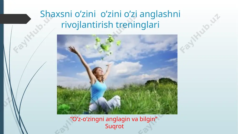 namoyondalari talqinida o‘z–o‘zini anglash: l.s. vigotskiyning shaxsiy fikricha, o‘z–o‘zini anglash turli xil ma’nolar orasida birlikni (umumiylikni) vujudga keltiruvchi jarayon sifatida va o‘zlashtirilgan ong tariqasida namoyon bo‘ladi. a.n. leontev talqiniga qaraganda, individual ongdagi mohiyat bilan mazmun o‘rtasidagi ziddiyat o‘zini – o‘zi anglashning sababchisidir shaxsning o'zini anglashga yordam beradigan yo'llarni quyida keltiramiz: 1. o'zingiz haqingizdagi fikrlar, istaklar va afzalliklar haqida o'ylab ko'ring. hayotda sizga qanday narsalardan xursand bo'lishingizni tushunishga intilishishingiz mumkin. 2. o'zingizning muvaffaqiyatlaringiz, qobiliyatlaringiz , bu sizga oʻzingiz uchun bir qaror oladigan va o'z o'rindangizni topishda yordam beradigan bir qator ma'lumotlar beradi. 3.o'zingizni anglashning bir qismi yangi bilimlarni o'rganishda yashaydi. yangi sohalarga qiziqishingizni kuchaytirish, kitoblar, darslar, onlayn resurslar yoki kurslarga qiziqishingizni boshlang. 4. shaxsning o'zini anglash, o'z intiroyizni rivojlantirish bilan bog'liq. o'zingizni yaxshi ko'rsatish, ozishingizni mejlislarni boshlaganida yaxshi tarzda konversiyaga qo'yish, togrilik va unvonchilik bilan kitob yoki hujjatlar o'qish, odam a'zolari bilan yaxshi aloqada bo'lish o'z-o'zingizni anglashda katta ahamiyatga ega. 5. …