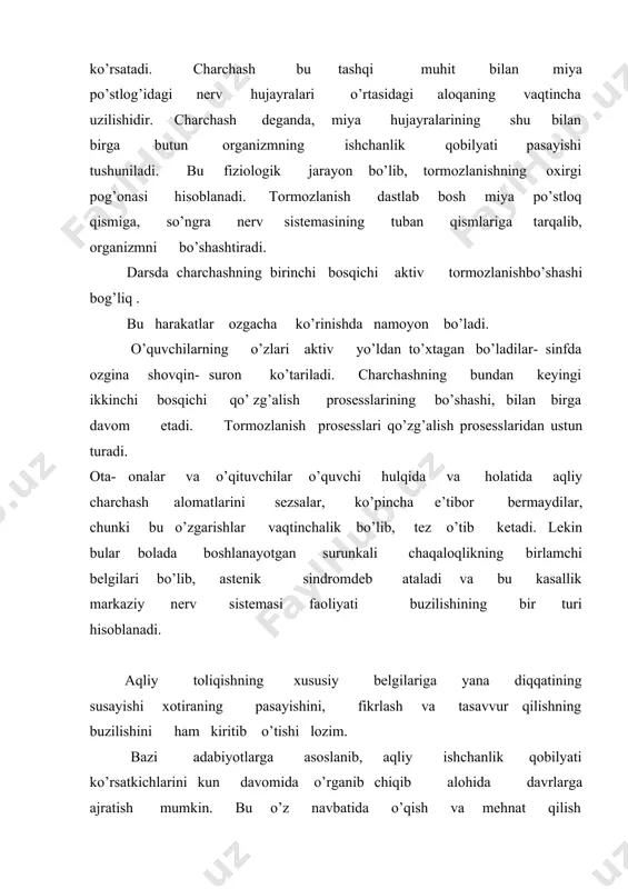 kompensatsiya davri. oldingi davrdan farq qilib, toliqishning dastlabkibelgilari paydo bo’la boshlaydi, ammo odamning iroda kuchi kompensatsiyalashtirib, yuzaga chiqarmay turadi. 4. beqaror kompensatsiya davri. toliqishning ortib borishi ish faoliyatining pasayishi bilan xarakterlanadi, ammo odam iroda kuchi bilan ma’lum vaqtgacha aqliy mehnatni talab darajasida davom ettirishi mumkin. 5. mehnat faoliyatining progressiv pasayish davri. bu davr toliqishning tez ortib borishi bilan xarakterlanadi, bunda bajarilayotgan aqliy mehnatning maxsuli va samaradorligi keskin kamayadi. bu davrlarni dars davomida, kun, hafta, chorak, yil davomida kuzatish mumkin. aqliy mexnat faoliyatini yuqori mahsuldorlitgini ta’minlovchi sharoitlar quyidagilardan iborat. - har qanday mehnatni bajarishga asta- sekin kirishi; - ish bajarishning optimal ritmini va tartibini tanlash va unga rioya qilish - ishni izchilikda va ketma- ket bajarishga odatlanish; - mehnat va dam olishni to’g’ri tashkil qilish, bir ish turini ikkinchisi bilan almashtirib olib borish; - mumtazam ravishda jismonish mashqlar bilan shug’ullanish tufayli aqliy mehnat malakalarini avtomatlashtirish va takomillashtirish hamda avtomatik malaka hosil …