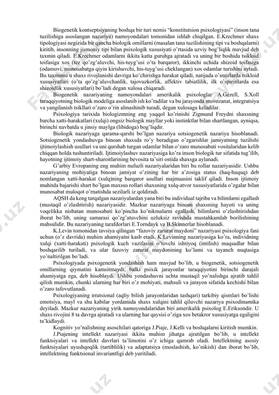 stida yuzaga keladi, tarkib topadi, takomillashib boradi. ta’kidlab o’tilgan, fikrlarni tasdiqlash maqsadida ular o’tkazgan tajribalariga murojaat qilamiz. qo’sh omillik nazariyasi tadqiqotchilari tajribalarida 80-130 sm balandlikdagi odamning shaxs xususiyatlarini tarkib toptirish uchun o’rganilgan. buning natijasida ular shaxsi tuzilishida ko’p xislatlari o’xshashligi topilgan. bunday odamlarning past (pakana) bo’lishlaridan tashqari, ularning tuzilishida hech qanday nuqson va kamchilik yo’q ekanligi aniqlangan. bunday toifaga kiruvchi bolalarga xos kulguni hech bir tanqidsiz, o’ta soddalikni, muayyan darajada emotsional (hissiy) zo’riqishni namoyon qiladigan vaziyatga nisbatan chidamlilikni, uyat hissining kamroq ekanligini uchratish mumkin. shaxsning xislatlariga na “endopsixika”, na “ekzopsixika” qismlarini kiritish mumkin emas. chhunki shaxsning sifatlari mitti odamlarning mahsuli bo’lib ular bo’yicha nisbatan o’z tengqurlari o’rtasidagi farq aniqlangan davrdan e’tiboran shunday bir ijtimoiy vaziyatda paydo bo’lishi, tarkib topishining takomillashishi tabiiydir. shuni alohida ta’kidlab o’tish joizki, mitti odamlarga bo’ydor kishilarga qaraganda boshqacha munosabat - ularni pisand qilmaslik, kamsitilish, ular ham barcha kabi narsalarni his qilishi, orzu qilishi, ajablanishi, hayron qolishi …