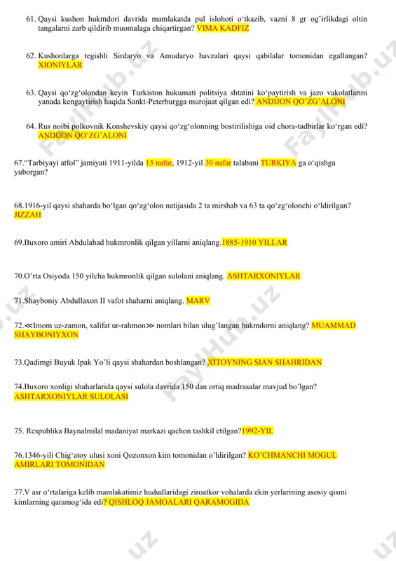 shtatini ko‘paytirish va jazo vakolatlarini yanada kengaytirish haqida sankt-peterburgga murojaat qilgan edi? andijon qo’zg’aloni 64. rus noibi polkovnik konshevskiy qaysi qo‘zg‘olonning bostirilishiga oid chora-tadbirlar ko‘rgan edi? andijon qo’zg’aloni 67.“tarbiyayi atfol” jamiyati 1911-yilda 15 nafar, 1912-yil 30 nafar talabani turkiya ga o‘qishga yuborgan? 68.1916-yil qaysi shaharda bo‘lgan qo‘zg‘olon natijasida 2 ta mirshab va 63 ta qo‘zg‘olonchi o‘ldirilgan? jizzah 69.buxoro amiri abdulahad hukmronlik qilgan yillarni aniqlang.1885-1910 yillar 70.o’rta osiyoda 150 yilcha hukmronlik qilgan sulolani aniqlang. ashtarxoniylar 71.shayboniy abdullaxon ii vafot shaharni aniqlang. marv 72.≪imom uz-zamon, xalifat ur-rahmon≫ nomlari bilan ulug’langan hukmdorni aniqlang? muammad shayboniyxon 73.qadimgi buyuk ipak yo’li qaysi shahardan boshlangan? xitoyning sian shahridan 74.buxoro xonligi shaharlarida qaysi sulola davrida 150 dan ortiq madrasalar mavjud bo’lgan? ashtarxoniylar sulolasi 75. respublika baynalmilal madaniyat markazi qachon tashkil etilgan?1992-yil 76.1346-yili chig‘atoy ulusi xoni qozonxon kim tomonidan o’ldirilgan? ko’chmanchi mogul amirlari tomonidan 77.v asr o‘rtalariga kelib mamlakatimiz hududlaridagi ziroatkor vohalarda ekin yerlarining asosiy qismi kimlarning qaramog‘ida …