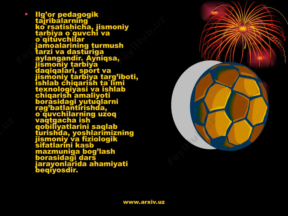 l va jismoniy texnika asosida o`quvchilarning sog’liqlarini, har bir alohida shaxs kamoloti saviyasini tadqiq etish, belgilangan me`yor va undan uzoqlanish ko`rsatkichlarini oldindan belgilash asosida tarbiya uchun doimiy ko`rsatkich aniqlanadi. jismoniy yetuklik bu badanning tashqi ko`rinishidagi garmoniya, go`zallik shaklidir. www.arxiv.uz www.arxiv.uz jismoniy madaniyat tarbiyaning tarkibiy qismidir. jismoniy madaniyat mazmuniga quyidagilar kiradi: inson a`zolarining tuzilishi va ularning funksional kamoloti- ichki a`zolar, nerv va harakat, suyak-muskul tizimi, badanning uyg’unligi va ularning funksional faoliyatini boshqarish. o`quvchilarning sog’lig’ini mustahkamlash. gigiyena qoidalariga ko`nikish. o`quvchilarning har tomonlama mohirligini o`stirish. bo`lajak ishchi-mehnatkashlarning jismoniy va fiziologik sifatlarini kasb ahamiyati jihatidan shakllantirish,uning ish qobiliyatini oshirish. o`quvchilarning jismoniy va yosh hususiyatlari uchun sharoit yaratish. iroda, chidamlilik, qat`iy intizom, do`stlik va o`rtoqlik hissi, kamol topish va o`z-o`zini rivojlantirish uchun harakat qilishni tarbiyalash. shaxsiy jismoniy qobiliyatlarini kamol toptirish www.arxiv.uz www.arxiv.uz jismoniy tarbiya mazmuni yetarli darajada kengdir. ularni amalga oshirish yoshlarimizning turmush tarzini, jismoniy madaniyat va sport asosida mazmunli shakllanishini ta`minlaydi. yuqoridagi sifatlar, doimiy …