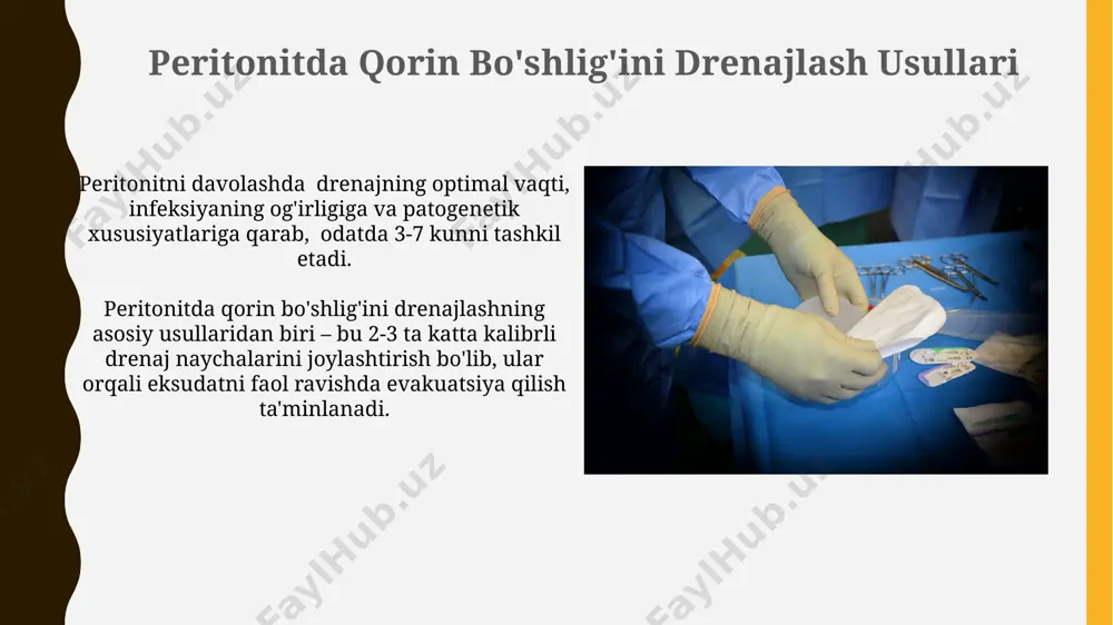 v usullar, ochiq jarrohlikka nisbatan bemorlarning tezroq tiklanishi va kamroq asoratlar bilan tavsiflanadi. perkutan transgepatoik drenaj (ptd) kabi minimal invaziv usullar, o'tkir nekrozli pankreatitda infektsiyalangan suyuqliklarni drenajlash uchun samarali bo'lib, 80% dan ortiq muvaffaqiyat darajasini ko'rsatadi. e'tiboringiz uchun rahmat @taqdimot_robot image1.jpg image2.jpg image3.jpg image4.jpg image5.jpg image6.jpg image7.jpg image8.jpg image9.jpg