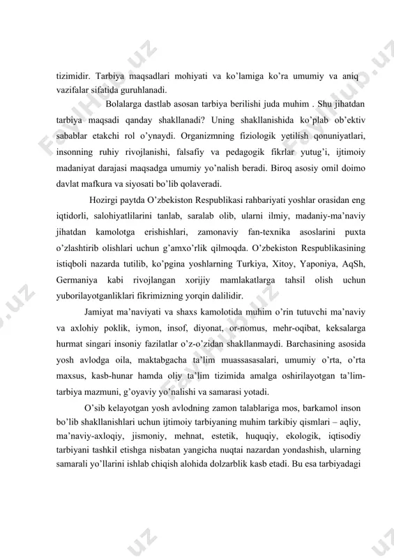 ji oltindan, oltin har kimda ham bo'lmas», deyiladi. insoniyat paydo bo'lgandan beri odamlar orasida yetishib chiqqan barcha olim-u fozillar, shoir-u yozuvchilarning barchasi mukammal ilm egallash orqali o'z davrining e'tiborli kishilari darajasiga ko'tarilganlar. abu rayhon beruniy, abu nasr forobiy, abu ali ibn sino, mahmud koshg'ariy, alisher navoiy, abdulla avloniy va boshqalar, g'arb olimlaridan yan amos komenskiy, k.d.ushinskiy, j.j.russo va boshqalar mukammal ilm egallash orqali fanning barcha sohalarida buyuk kashfiyotlar yaratganlar. tarixan ta'lim-tarbiya maxsus inson faoliyati sifatida shakllanib borish barobarida, ta'lim-tarbiya yakunida tarbiyalanuvchining sifatlari, yani ta'limiy maqsadlar ham aniqlanib bordi. xitoyning samarqanddagi elchisi vey sizinning hisobotlarida: «samarqand aholisi mohir savdogarlardir. o'g'il bola besh yoshga to'lar ekan, unga savod o'rgata boshlaydilar», - deb qayd qilingan. zardushtiylik dinining muqaddas kitobi «avesto»da ham ta’lim-tarbiya masalalariga katta ahamiyat berilgan. unda «tarbiya hayotning eng muhim tirgagi, tayanchi bo'lib hisoblanishi lozim. har bir yoshni shunday tarbiyalash lozimki, u avvalo, yaxshi o'qishni keyin esa yozishni o'rganishi bilan eng yuksak …