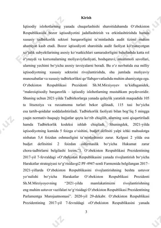 sida»gi qarori qabul qilindi. qarorda belgilanganidek, qator muammolar va kamchiliklar auditorlik faoliyatining yanada rivojlanishiga, boshqarishga oid qarorlarni qabul qilish va korporativ boshqaruv sifatini oshirish uchun auditorlik xizmatlarining ahamiyatini oshirishga to‘sqinlik qilmoqdaligi, ularni bartaraf etish uchun esa auditorlik xizmatlari bozorining rivojlanishi uchun sharoitlarni yanada yaxshilash va auditorlik faoliyatini tartibga solishda xalqaro standartlarga muvofiq zamonaviy yondashuvlarni joriy etish maqsadida auditorlik faoliyatini rivojlantirishning ustuvor yo‘nalishlarini amalga oshirishni ta’minlash belgilangan. so‘nggi yillarda yurtimizda iqtisodiyotning jadal sur’atlarda rivojlanishi, xorijiy investitsiyalar jalb qilish, investorlarga to‘g‘ri va zarur axborotlarni yetkazib berish, shuningdek, aksiyadorlik jamiyatlari, sug‘urta tashkilotlari va banklari faoliyatini takomillashtirish hamda ularni xalqaro bozorlarga olib chiqishga alohida ahamiyat berilmoqda. i bob. korxonada moliyaviy natijalar auditi 1.1 auditning mohiyati va ahamiyati “mamlakatimizni rivojlantirish, yangilash va modernizatsiya qilish bo’yicha tanlagan strategiyamizni va inqirozga qarshi qabul qilgan dasturimizni amalga oshirish natijasida yurtimiz dunyodagi sanoqli davlatlar qatorida iqtisodiy va ijtimoiy rivojlanishning barqaror sur’atlarini ta’minlash, aholimizning moddiy farovonligini yuksaltirishga erishgani barchamizga katta …