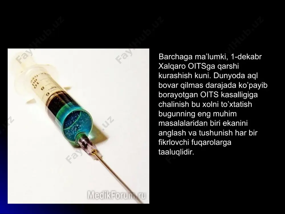 telolar bo’lsa, kimdan bola tug’iladi? tranzit reyslar, avtomobil haydovchilarining 33% infeksiya bilan zararlangan va ular virus tashuvchilardir. (buyuk britaniyaning sog’liqni saqlash va ijtimoiy ta’minot vazirligining bosh tib eksporti d. edison) mdh mamlakatlarida oits bilan kasallanish to’xtamay o’sib bormoqda. 2008 yil 1 yanvar holatiga ko’ra oits ga chalinganlar (har yuz ming kishi hisobida) o’zbekiston 3.7 tojikiston 7.2 qirg’iziston 20.8 qozog’iston 49 belorusiya 79.5 ukraina 161 rossiya 250.6 oits inson immunitet tizimining zaiflashuvi oqibatida yuzaga keluvchi kasallikdir. bu dardning o‘ziga xos belgisi shundaki, oits virusini yuqtirgan inson kasalliklarga qarshi himoyachisi bo‘lgan immunitetlarining zaiflashuvi oqibatida oddiy xastaliklarga ham dosh berolmay qoladi. bu holatda yengil darajadagi bir shamollash ham insonni halok qilishi mumkin. epidemiyani nega to'xtatib bo'lmayapti? оiv kаsаlligining o'zigа хоs epidеmiоlоgiyaga ega ekanligi; каsаllikni chаqiruvchi viruslаrgа tа'sir etuvchi dаvоlаsh vоsitаlаrining tоpilmаgаnligi; каsаllik virusining оdаm оrgаnizmidа butun hаyoti dаvоmidа sаqlаnib qоlishi vа tаshqi muhitgа аjrаlib chiqish хususiyati mаvjudligi; каsаllikni оldini оlishgа qоdir bo'lgаn vаktsinаning …