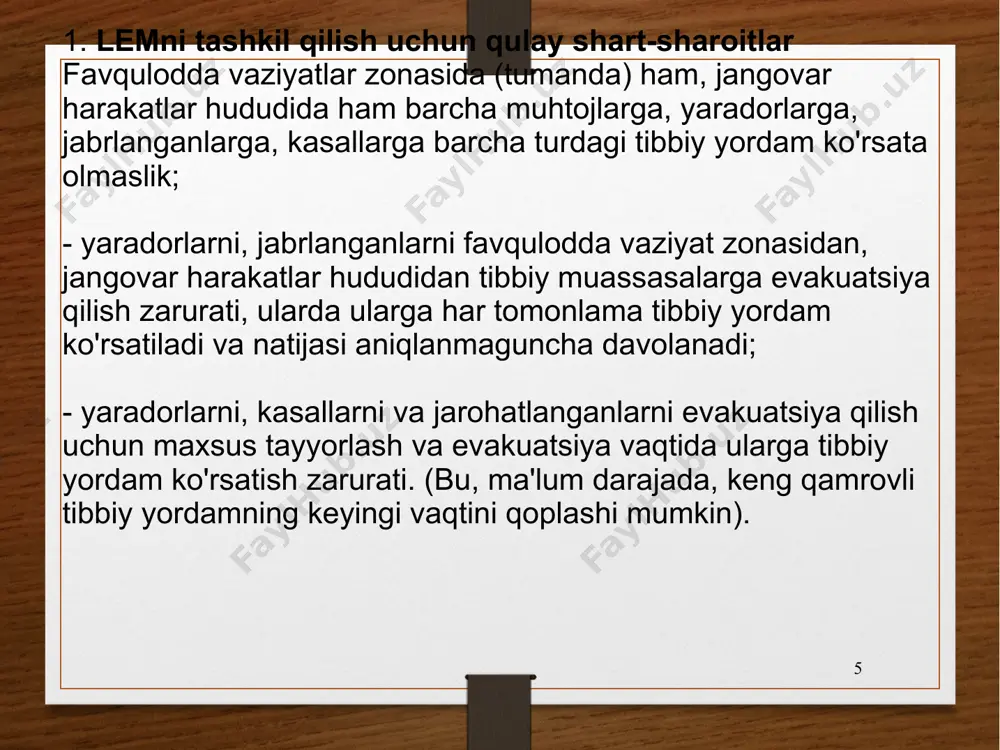 ikohdan beri ; - viloyat tabiiy ofatlar tibbiyoti markazining kasalxonasi ( otryadi) ; - tibbiy yordam punktlari joylashtirildi tibbiy va hamshiralik guruhlari (shu jumladan tez yordam). tibbiy yordam); - rossiya mudofaa vazirligining tibbiy xizmatining tibbiy punktlari; fuqarolik mudofaasi qo'shinlari va boshqalar. 15 16 6 . tibbiy yordam turi deganda tibbiy xodimlar, qutqaruvchilar va boshqalar tomonidan sanitariya yo'qotish joylarida va davolash-profilaktika muassasalarida o'tkaziladigan muayyan davolash-profilaktika tadbirlari tushuniladi. tibbiy yordamning o'ziga xos turi u ko'rsatiladigan joy, uni ko'rsatuvchi shaxslarning tayyorgarlik darajasi va zarur tibbiy asbob-uskunalar mavjudligi bilan belgilanadi. tibbiy yordam hajmi deganda, mavjud vaziyatga muvofiq tibbiy sabablarga ko'ra ma'lum bir toifadagi yaradorlar va bemorlarga tibbiy yordamning ma'lum bir turi doirasida amalga oshiriladigan davolash-profilaktika tadbirlari tushuniladi. 16 7. tibbiy triaj yaradorlar va bemorlarni tibbiy ko'rsatkichlarga, ko'rsatilgan yordam hajmiga va qabul qilingan evakuatsiya tartibiga muvofiq bir hil davolash, evakuatsiya va profilaktika choralariga ehtiyojdan kelib chiqqan holda guruhlarga taqsimlash. tibbiy saralash tibbiy resurslar va resurslardan …