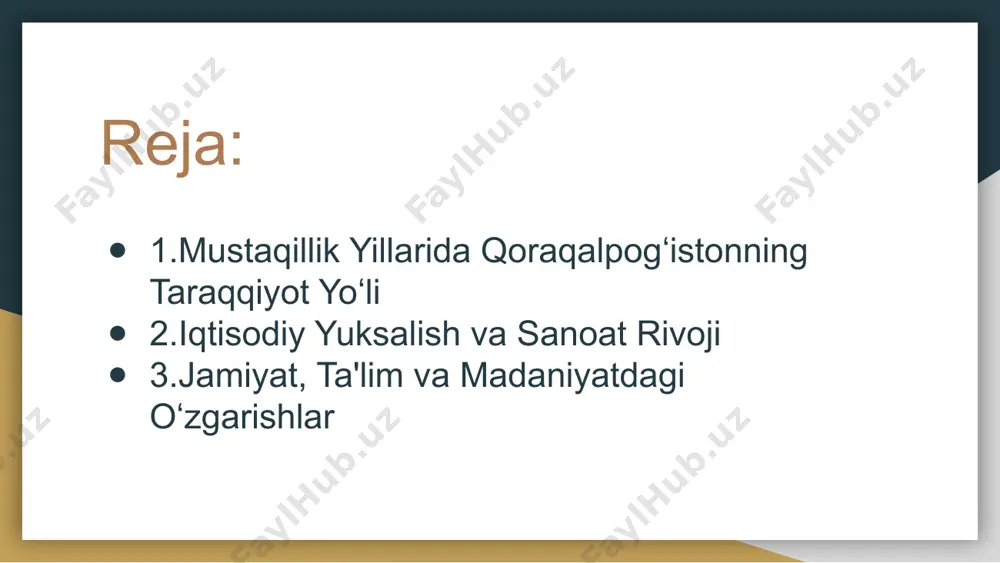 xml ppt/slidelayouts/_rels/slidelayout10.xml.rels ppt/slidelayouts/slidelayout11.xml ppt/slidelayouts/_rels/slidelayout11.xml.rels ppt/slidemasters/slidemaster1.xml ppt/slidemasters/_rels/slidemaster1.xml.rels ppt/slides/slide1.xml ppt/slides/_rels/slide1.xml.rels ppt/slides/slide2.xml ppt/slides/_rels/slide2.xml.rels ppt/slides/slide3.xml ppt/slides/_rels/slide3.xml.rels ppt/slides/slide4.xml ppt/slides/_rels/slide4.xml.rels ppt/slides/slide5.xml ppt/slides/_rels/slide5.xml.rels ppt/slides/slide6.xml ppt/slides/_rels/slide6.xml.rels ppt/slides/slide7.xml ppt/slides/_rels/slide7.xml.rels ppt/slides/slide8.xml ppt/slides/_rels/slide8.xml.rels ppt/slides/slide9.xml ppt/slides/_rels/slide9.xml.rels ppt/slides/slide10.xml ppt/slides/_rels/slide10.xml.rels ppt/slides/slide11.xml ppt/slides/_rels/slide11.xml.rels ppt/slides/slide12.xml ppt/slides/_rels/slide12.xml.rels ppt/slides/slide13.xml ppt/slides/_rels/slide13.xml.rels ppt/slides/slide14.xml ppt/slides/_rels/slide14.xml.rels ppt/slides/slide15.xml ppt/slides/_rels/slide15.xml.rels ppt/presprops.xml ppt/viewprops.xml ppt/presentation.xml ppt/_rels/presentation.xml.rels _rels/.rels ppt/media/image10.png ppt/media/image1.png ppt/fonts/nunito-italic.fntdata ppt/media/image13.png ppt/media/image4.png ppt/media/image6.png ppt/media/image3.png ppt/media/image8.png ppt/media/image11.png ppt/fonts/nunito-bolditalic.fntdata ppt/fonts/nunito-regular.fntdata ppt/media/image7.png ppt/media/image5.png ppt/media/image12.png ppt/media/image9.png ppt/media/image2.png ppt/fonts/nunito-bold.fntdata [content_types].xml ‹#› ‹#› ‹#› ‹#› ‹#› ‹#› ‹#› ‹#› ‹#› xx% ‹#› ‹#› ‹#› mustaqillik yillarida qoraqalpogʻiston respublikasi egamberdiyeva durdona reja: 1.mustaqillik yillarida qoraqalpogʻistonning taraqqiyot yoʻli 2. iqtisodiy yuksalish va sanoat rivoji 3.jamiyat, ta'lim va madaniyatdagi oʻzgarishlar mustaqillik yillarida qoraqalpogʻiston respublikasi oʻzbekiston mustaqillikka erishgach, uning tarkibidagi qoraqalpogʻiston respublikasining r