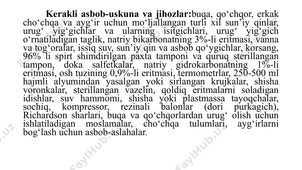 an rezinali kamera va urug‘ yig‘gichdan iborat. erkak cho‘chqa uchun rezinali sun’iy qin. u rezinali silindr, rezinali kamera, ebonitli jo‘mrak o‘rnatiladigan patrubka teshigi, urug‘yig‘gichni mahkam ushlab turadigan rezinali halqalardan va keng og‘izli shisha bankali urug‘yig‘gichdan yoki bir marta ishlatiladigan polietilen urug‘yig‘gichlardan iborat bo‘ladi. har qaysi erkak cho‘chqa jinsiy a’zosining kattaligiga sun’iy qin kattaligi mos kelishi kerak (uning kattaligi 25 sm dan 40 sm gacha bo‘ladi). ayg‘ir uchun sun’iy qinning 1952- yilgi nusxasi alyuminli silindrdan iborat bo‘lib, ichki tomonidan rezina kamera kiygiziladi va rezina halqalar bilan silindr tanasiga mahkamlanadi. silindr tanasiga patrubka payvand qilingan bo‘lib, unda havo chiqadigan klapan bo‘ladi. bu patrubka ayg‘irlardan urug‘ olayotgan paytda sun’iy qinni mustahkam ushlashga ham yordam beradi. urug‘ yig‘gich sun’iy qinning tor tomoniga o‘rnatiladi. barcha turdagi sun’iy qinlar umumiy tuzilishga ega. ammo hayvonlarning turiga ko‘ra, ayrim konstruktiv xususiyatlarga ega bo‘ladi va silindrlarining o‘lchamlari bilan farq qiladi (1-jadval). 1.sun’iy qinlar silindrlarining o‘lchamlari hayvon turi silindrning o‘lchamlari, …