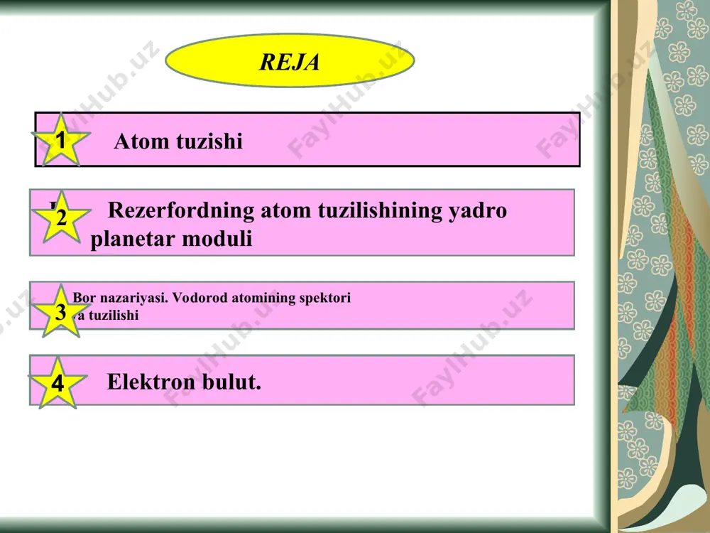 keyinchalik asosan tekshirgan ingliz olimi ernest rezerford bo‘lib, u uch xil- a(alfa), b(betta) va g(gamma) nurlanishni aniqladi. har bir nurlanish o‘zining elektr xossasi va teshib o‘tish qobiliyati bilan farq qiladi. ●nurlanish juda katta tezlik bilan harakatlanuvchi elektronlar oqimidan iborat ekanligi isbotlandi, shuning uchun ular, zarrachalar deb nomlanadi. elektron zaryadi birligida har bir zarrachalar birligi 1ga teng. ●a-nurlar musbat zaryadlangan zarrachalar bo‘lib, ularning zaryadi +2 ekanligi isbotlandi. rezerford a-zarracha massasim - zarrachasiga nisbatan juda yuqori ekanligi va ular atrof muhitdagi elektronlarni biriktirib geliy atomini hosil qilishini aniqladi. shu sababli u a-zarrachasi geliy yadrosidan iborat degan xulosaga keldi. g-nurlar esa juda yuqori energiyani nurlanish bo‘lib, elektroneytral zarrachalardan tarkib topgan.