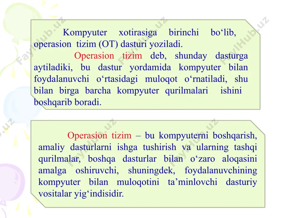 arda unix operatsion tizimi mavjud. foydalanuvchilar operatsion tizim moslashuvchanligi va ta’minoti tufayli unix bilan ishlashadi. linux-operatsion tizimi linux-tez o‘sib borayotgan operatsion tizimlardan biridir. linux 1991 yilda yaratilgan bo‘lib, ko‘p vazifali, mashhur , unix operatsion toifasiga kiruvchi operatsion tizimdir. linux ochiq kodli dasturiy ta’minot bo‘lib, bu kodni o‘zgartirish va qayta taqsimlash uchun taqdim etiladi. ko‘pgina dasturchilar unixning eng yaxshi versiyalarini tayyorlash uchun linuxni o‘zgartirish va qayta taqsimlash ishlarini olib borishgan. aktivatorlarning ochiq kodli dasturiy ta’minotdan foydalanishining ikki asosiy afzalliklari mavjud: dasturiy ta’minotni o‘zgartiruvchilar boshqalar bilan dasturiy ta’minot imkoniyatlarini yaxshilash va foydalanuvchilarning dasturiy ta’minotga bo‘lgan ehtiyojlarini qondirish imkoniyatiga ega bo‘lishadi. windows - bu operatsion tizim (ot), ya’ni maxsus dastur bo‘lib, u inson bilan kompyuter o‘rtasida muloqotni o‘rnatadi hamda kompyuterning barcha qurilmalarining ishini boshqaradi. windows - bu inglizcha so‘z bo‘lib, “oynalar” degan ma’noni anglatadi, ya’ni windows tizimida barcha dasturlar «oyna» ko‘rinishida ishlaydi. windowsning imkoniyatlari. windows operatsion muhiti quyidagi imkoniyatlarga ega: universal grafika - …