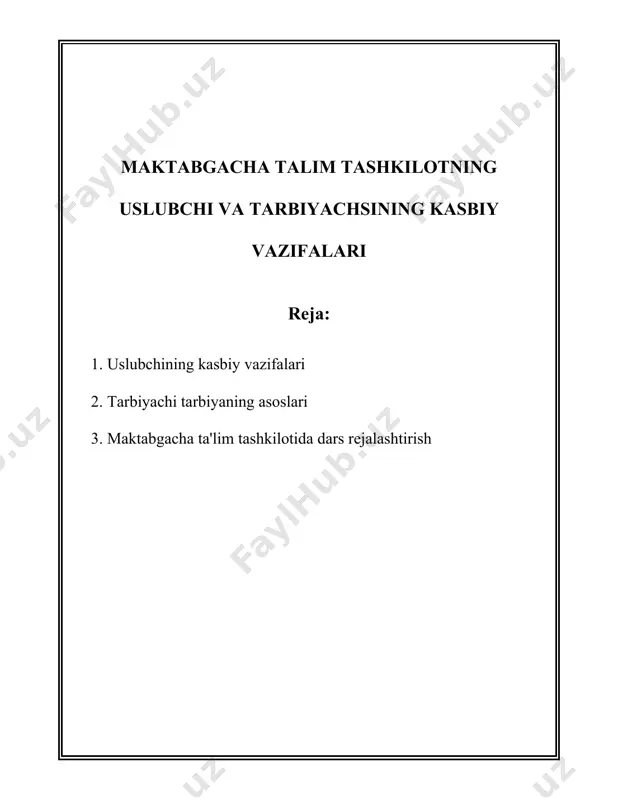 assasasiga takliflar beradi. 6. **o'quv jarayonida innovatsiyalarni joriy etish**: uslubchi yangi texnologiyalarni va pedagogik yondoshuvlarni ta'lim jarayoniga kirishga mas'uldir. internet resurslari, elektron jurnal va ta'rif, virtual laboratoriyalar singari resurslardan foydalanish bo'yicha tavsiyalar beradi. 7. **o'qituvchilar uchun attestasiyalarni tayyorlash**: uslubchi o'qituvchilar uchun attestasiyalarni va baholash mezonlarini ishlab chiqadi. bu o'qituvchilarni baholash jarayonini tizimli va shaffof qilish uchun xizmat qiladi. 8. **namunaviy darslarni tashkil etish va o'tkazish**: uslubchilar ko'pincha nazorat, namunaviy darslarni tashkil etishadi, bu esa ta'lim sifatini baholashga yordam beradi. o'qituvchilarning bilim va ko'nikmalarini baholaydi. 9. **ilmiy tadqiqot ishlari**: uslubchilar ilmiy izlanishlar olib boradi, pedagogik jarayonlarni o'rganadi va natijalar asosida metodlar taklif qiladi. ilmiy maqolalar, qo'llanmalar yozadi. 10. **ota-onalar bilan ishlash**: uslubchilar ota-onalarga bolalarning o'zlashtirishini yaxshilash yo'llari haqida maslahatlar beradi. ular bilan uchrashuvlar uyushtiradi va ta'lim muassasasi va ota-onalar o'rtasidagi aloqa va hamkorlikni mustahkamlashga hissa qo'shadi. 11. **davlat ta'lim standartlariga rioya qilishni ta'minlash**: uslubchi davlat ta'lim standartlariga muvofiq ish yuritishni ta'minlaydi. …