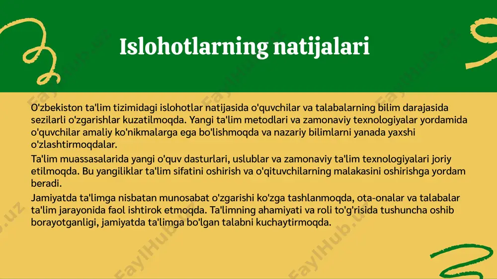 m tizimidagi davlat siyosati o'zbekiston ta'lim tizimidagi davlat siyosati, ta'lim sifatini oshirish va yosh avlodni zamonaviy bilimlar bilan ta'minlashga qaratilgan. davlat, ta'lim sohasida innovatsion yondashuvlar va xalqaro standartlarga mos keladigan dasturlarni joriy etishga intilmoqda. buning natijasida, ta'lim tizimida o'zgarishlar va rivojlanishlar amalga oshirilmoqda. ta'lim tizimining asosiy maqsadlari quyidagilardan iborat: 1) yosh avlodni zamonaviy bilimlar va ko'nikmalar bilan ta'minlash; 2) ta'lim jarayonida ijodkorlik va tanqidiy fikrlashni rivojlantirish; 3) ta'limda tenglik va imkoniyatlarni ta'minlash. yosh avlodni rivojlantirishga qaratilgan tadbirlar sifatida: 1) yoshlar uchun ta'lim grantlari; 2) ijodiy va sport musobaqalari; 3) yoshlarning kasb-hunar ta'limiga qiziqishini oshirish uchun seminarlar va treninglar o'tkazish. bu tadbirlar yoshlarga yanada sifatli ta'lim berishga ko'maklashadi. ota-onalar va jamiyatning roli ota-onalar ta'limdagi roli ota-onalar ta'lim jarayonida muhim ahamiyatga ega. ular farzandlarining ta'lim olishiga yordam berish, ularni rag'batlantirish va o'qituvchilar bilan yaqin aloqada bo'lishi orqali ta'lim sifatini oshiradilar. ta'limda muvaffaqiyatli bo'lish uchun ota-onalar farzandlariga zarur muhitni yaratishlari lozim. jamiyatning ta'limga …