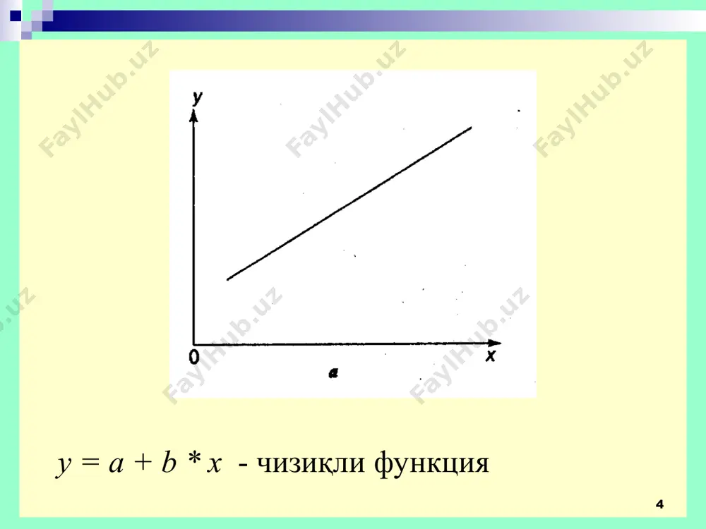 лар келтирилган: * йиллик товар обороти, млрд. сўм 5,0 6,0 7,0 8,0 9,0 10,0 11,0 муомала ҳаражатларининг нисбий даражаси, % 25,0 23,0 22,0 22,5 22,2 22,0 21,4 жадвал маълумотларига асосан товар обороти ва муомала ҳаражатлари орсида тескари боғланиш мавжуд бўлганлиги сабабли боғланиш гипербола тенгламаси орқали аниқланади ва унга мос нормал тенгламалар системасининг a ва b коэффициентлари қийматини топиш ҳамда ҳосил бўлган регрессия тенгламасида ҳисоб-китобларни амалга ошириш учун қуйидаги жадвални тузамиз: * регрессия тенгламасининг ҳисоб-китоби * m/р йиллик товар обороти, млн.сўм, (x) муомала хара-жатининг нисбий даражаси, %, (y) 1 5.0 25.0 0.200 5.000 0.040 2 6.0 23.0 0.167 3.841 0.0278 3 7.0 22.0 0.143 3.146 0.0204 4 8.0 22.5 0.125 2.813 0.0156 5 9.0 22.2 0.111 2.464 0.0123 6 10.0 22.0 0.100 2.200 0.0100 7 11.0 21,4 0,091 1,955 0,0080 ∑ - 158,1 0,937 21,41 0,132 158,1 жадвал маълумотлари асосида нормал тенгламалар системасини тузамиз: тенгламаларни ечиб a= 17,4 ва в = …