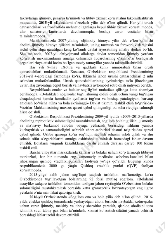 erilishini kuchaytirish, aholini ijtimoiy himoya qilish borasidagi chora-tadbirlarni ro‘yobga chiqarishda fuqarolarning o‘zini o‘zi boshqarish organlarining roli va mas’uliyatini oshirish maqsadida «bolali oilalarni davlat tomonidan qo‘llab-quvvatlashni yanada kuchaytirish to‘g‘risida» yana bir muhim farmon qabul qilindi. unda 1997-yildan boshlab yordamga muhtoj, bolali oilalarga bolalarning soniga qarab, eng kam ish haqining 50 foizidan boshlab 175 foizigacha nafaqalar beriladigan bo‘ldi. nogiron bolalarni sog‘lomlashtirish maqsadida sog‘liqni saqlash vazirligi, «sog‘lom avlod uchun» jamg‘armasi tashabbusi bilan, xorijiy hamkorlarni jalb etgan holda, tug‘ma nuqsonlari mavjud bo‘lgan bolalarni murakkab jarrohlik yo‘li bilan davolash ishlari amalga oshirildi. 1996-yildan boshlab 16 yoshgacha bolalari bo‘lgan barcha oilalarga beriladigan har oylik nafaqalar ko‘paytirilib, bu nafaqalar bolalarning soniga qarab quyidagi miqdorda belgilandi: bir bolali oilalarga – eng kam ish haqining 30%; ikki bolali oilalarga – eng kam ish haqining 60%; uch bolali oilalarga – eng kam ish haqining 80%; to‘rt bolali oilalarga – eng kam ish haqining 100%; besh va undan ko‘proq bolali oilalarga …