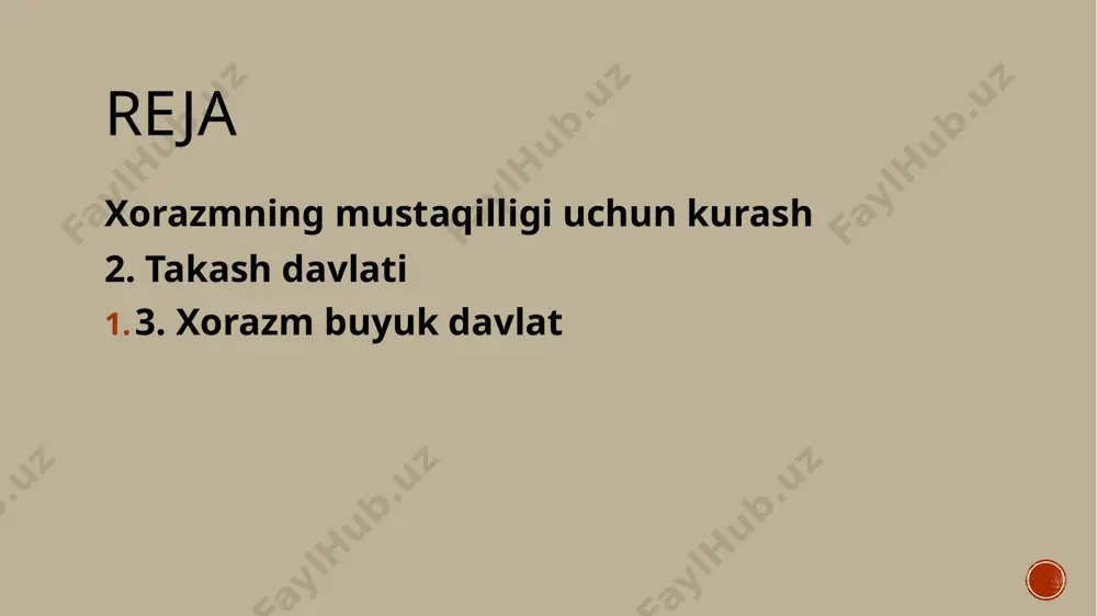 ni bor edi. xorazmshohlar davlatining siyosiy tizimi ancha samarali edi. unda devon bosh idora hisoblanar edi. devon tepasida turgan vazir davlat ichki va tashqi siyosatini oʻz qoʻli ostidagi xodimlar orqali amalga oshirar edi. takashning xotini turkonxotun tufayli xorazmga kelgan turk zodagonlari va qipchoqlar davlatning barcha mas’uliyatli lavozimlarini va qoʻshinda qoʻmondonlik oʻrnini egallaydilar takashdan soʻng uning oʻgʻli sulton muhammad alovuddin (1200-1220) ham xorazm davlatini kengaytirish siyosatini davom ettiradi. dastlab u xirot va uning atroflari hamda xurosonning xorazm davlatiga kiritilmagan viloyatlarini egalladi, u qoraxoniylarga zarba berib, movarounnahrni ular qoʻlidan tortib olishga harakat qildi. xiii asr boshida xorazm juda keng maydonni egallagan buyuk davlatga aylangan edi. uning shimoliy-gʻarbiy va harbiy chegarasi orol va kaspiy dengizi sohillaridan janubiy gʻarbda iroqqa qadar borar edi. janubiy-sharqiy hududlari qazna viloyatidan, shimoliy-sharqiy chegarasi esa yettisuv va dashti qipchoqdan oʻtar edi. bu ulkan davlatning poytaxti urganch shahri edi. biroq qoʻlga kiritilgan muvaffaqiyatlar xorazmshoh alovuddin muhammadni esankiratib qoʻydi u oʻzini …