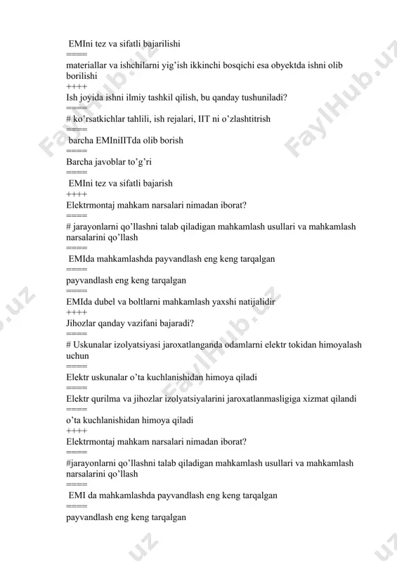ish uchun ==== emi da mahkamlashda payvandlash eng keng tarqalgan ==== yirik quvvatli 660v gacha bo’lgan elektr qurilmalarni himoya qilish uchun maxsus mo’ljallangan ++++ elektr montaji shlarini tashkillashtirishda asosiy bosqichlar? ==== #uchta:1-texnik-muhandislik bosqichi 2-tashkiliy bosqich 3-material-texnik bosqich ==== elektr montajishlari bosqichlari 1-montaj ishlarini кurib chiqish; 2-bajarish; 3-==== elektr montaj ishlarini topshirish ; 4-zaruriy xujjatlarni rasmiylashtirish ==== elektr montaj ishlarini bajarishdagi xammai shlar asosiy bosqichga kiradi ++++ elektrmontaj ishlarining industriallash nima? ==== #bu shunday texnik taboro o’sib borayotgan jarayon, bunda faqat yirik blokni elektr-texnik qurilmalarni o’rnatish va ishga tushurishdan iborat ==== barcha ishlar mexanizatsiyalashgan va avtomatlashgan ==== barcha ishlar mexanizatsiyalashgan ==== elektrmontaj ishlari qo’l mehnati bajarilishiga yetkazilgan ++++ elektrmontaj ishlarining ikk ibosqichi qanday? ==== #emi ning birinchi bosqichida tayyorlovishlari va ikkinch ibosqichida elektr uskunalari montaji ==== emi ning birinchi bosqichida kerakli materiallar va ishchilarni yig’ish ikkinchi bosqichi esa obyektda ishni olib borilishi ==== emini tez va sifatli bajarilishi ==== emini bajarilishi …