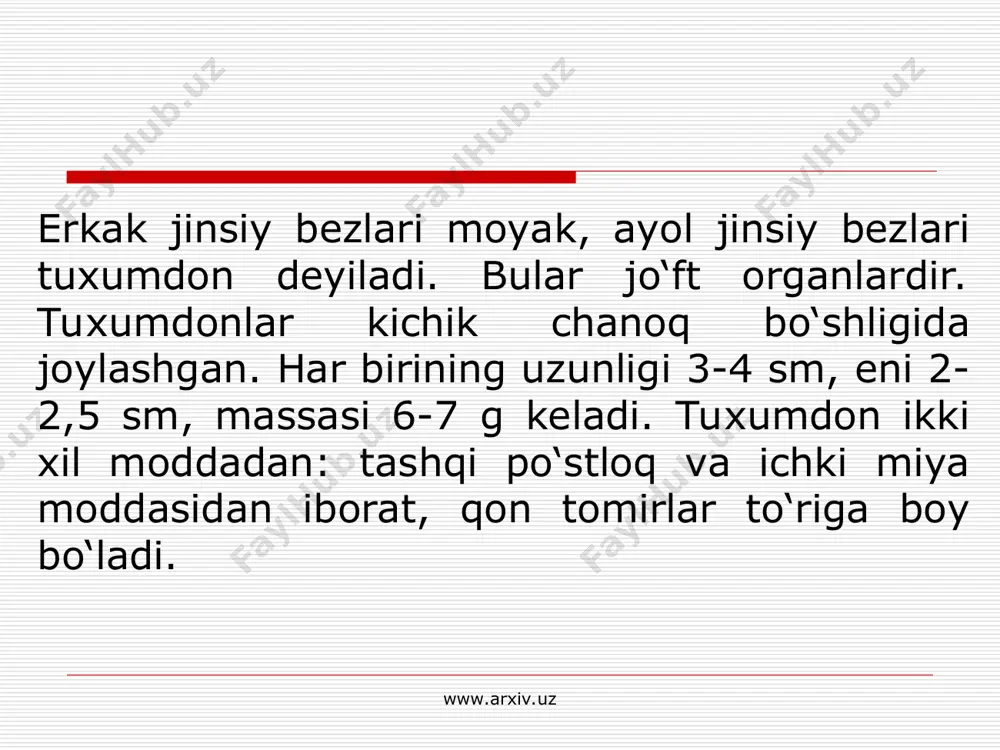 permatozaidlarga - erkak jinsiy hujayralariga aylanadi. urug‘ naychalari orasida androgenlar - erkak jinsiy gormonlari (testoteron va uning metabolizimi mahsulotlari)ni ishlab chiqardigan to‘qima, shuningdek, ozroq mikdorda ayol jinsiy gormonlari bo‘ladi. www.arxiv.uz www.arxiv.uz www.arxiv.uz www.arxiv.uz erkak jinsiy gormonlari odam embrion rivojlanishining uchinchi oyida ishlab chiqarila boshlaydi. tug‘ilish vaqtiga kelib moyakar va tuxumdonlar batamom shakllangan bo‘ladi. embrion rivojlanishi tugallangandan so‘ng erkak jinsiy gormonlari hosil bo‘lishi to‘xtaydi. balog‘at yoshiga etish davrida o‘g‘il bolalarda jinsiy bezlarning endokrin aktivligi davom etadi, qiz bolalarda esa ularning ichki sekretsiyasi birinchi marta paydo bo‘ladi. www.arxiv.uz www.arxiv.uz shu davrdan boshlab, jinsiy belgilarning o‘sish va rivojlanish jarayonlari (birlamchi jinsiy belgilar), shuningdek, jinsiy hujayralarning etilishi aktiv davom etadi. ikkilamchi jinsiy belgilarga o‘ziga xos tuk bosishi, teri osti kletchatkasida yog‘ to‘planishi, sonlar va elkalarning kengligi, sut bezlarining rivojlanishi kiritiladi. www.arxiv.uz www.arxiv.uz ayol jinsiy gormonlari, shuningdek, tuxum hujayraning urug‘lanishi, homiladorliq yuz berishi, homilani tug‘rukqacha saqlash, tug‘ruq jarayoniga qulaylik beradigan sharoit ta`minlanishi o‘chun jinsiy sistemaning …