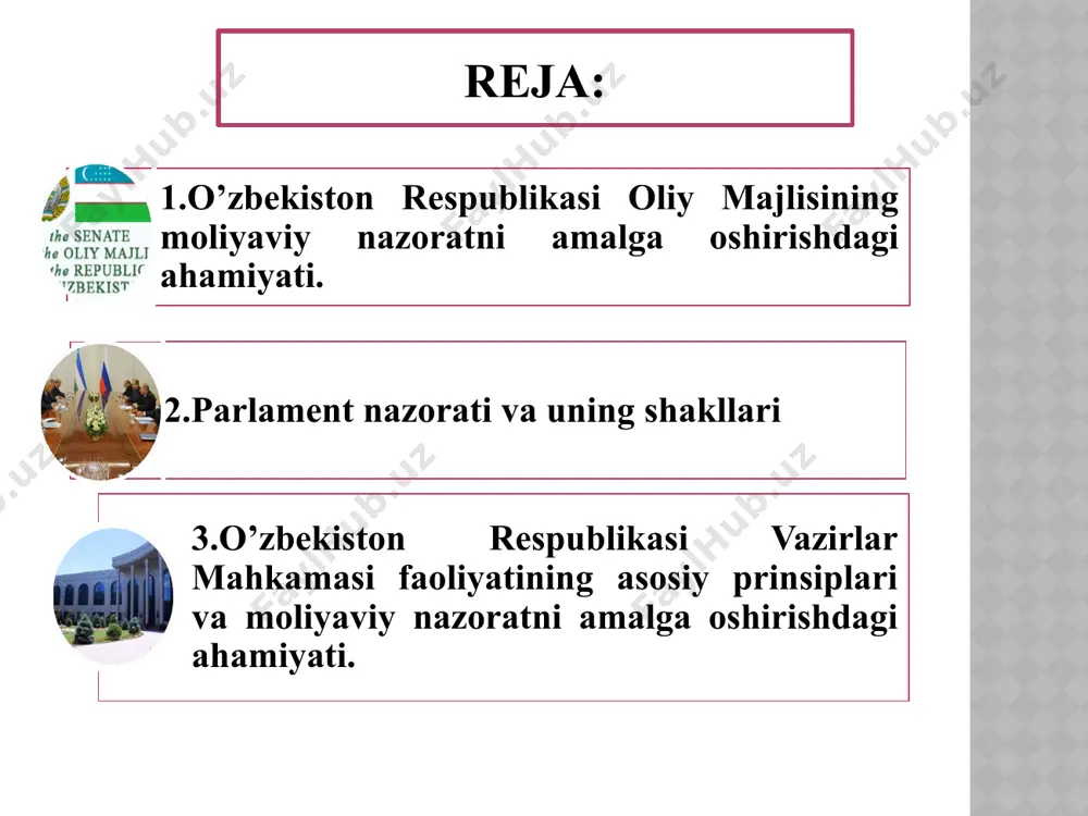 mitasi rasmiy sayti. www.openbudget.uz - o‘zbekiston respublikasi “ochiq byudjet” portali. www.scopus.com - xalqaro ilmiy ma’lumotlar bazasi. umumdavlat nazorat organlari o’zbekiston respublikasi oliy majlisi o’zbekiston respublikasi prezidenti devoni o’zbekiston respublikasi vazirlar mahkamasi o’zbekiston respublikasi konstitusiyasi 78-moddasining 8-bandiga muvofiq o’zbekiston respublikasi oliy majlisi vazirlar mahkamasining taqdimoti bo’yicha mamlakat byudjetini qabul qiladi va uning ijrosi ustidan nazorat o’rnatadi. xalq deputatlari kengashlari ayrim mintaqalarga ajratiladigan byudjet mablag’laridan maqsadli foydalanish hamda mahalliy byudjetlarning ijro etilishini nazorat qiladi. o’zbekiston respublikasi oliy majlisi o‘zbekiston respublikasida oliy majlis palatalari tomonidan amalga oshirilayotgan parlament nazoratining asosiy yo‘nalishlari quyidagilar hisoblanadi: birinchidan, o‘zbekiston qonunlari, oliy majlis palatalari qarorlari ijrosi ustidan nazoratni; ikkinchidan, o‘zbekiston prezidentining muhim siyosiy masalalar bo‘yicha farmonlarini tasdiqlash orqali nazoratni amalga oshirishni; uchinchidan, davlat byudjetini tasdiqlash va uning ijrosini nazorat qilishni; to‘rtinchidan, inson huquqlariga rioya qilinishi sohasidagi nazoratni; beshinchidan, davlat organlarini shakllantirish va mansabdor shaxslarni saylash, tayinlash yoki tasdiqlash yo‘li bilan nazorat shaklini amalga oshirishni; oltinchidan, parlament oldida hisobdor …