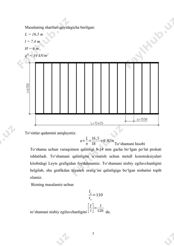 kuch quyidagi formula orqali topiladi. to‘sinni bikrlikka ham tekshiramiz. to‘sinni bir metriga ta’sir etayotgan normativ yuk 2-variant bo‘yicha to‘sinli katakni 1 m2 ni tayyorlash uchun sarflanadigan po‘latni og‘irligini aniqlaymiz. variantlarni solishtirib to‘sinli katakni tayyorlash uchun kamroq po‘lat sarflanadigan variantni aniqlaymiz. q1=150 kg/m2, q2=129,5 kg/m2. ii bosh to‘sin hisobi tanlab olingan kesim yuza tashqi ta’sir etayotgan yuklarni ko‘tarish qobiliyatiga ega, mustahkamligi va bikrligi yetarli darajada, umumiy ustivorligi va alohida elementlarni turg`unligi ta’minlangan bo‘lishi shart. iqtisodiy jihatdan tejamli bo‘lishi kerak. bosh to‘singa ta’sir etayotgan normativ va hisobiy yuklarni aniqlaymiz. ta’sir etayotgan yuklardan to‘sinda hosil bo‘layotgan eguvchi momentlarni aniqlaymiz. to‘sinni tayanchida hosil bo‘ladigan qirquvchi kuchni aniqlaymiz. talab qilingan qarshilik momentini topamiz. qulay yuza topish uchun bosh to‘sinni balandligini to‘g‘ri qabul qilib olishimiz lozim: birinchi navbatda to‘sinni eng kichik balandligini aniqlaymiz, ruhsat etilgan egiluvchanligini e’tiborga olib: ikkinchidan to‘sinni optimal balandligini aniqlaymiz. tw – bosh to‘sin devorning qalinligi. devorning qalinligini imperik formuladan foydalanib topamiz: devorning …
