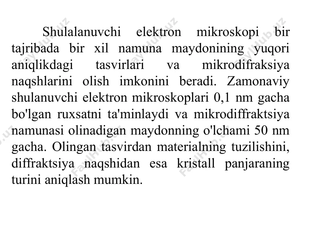 va ikkilamchi elektronlar ishlatiladi. ular tomonidan ishlab chiqarilgan signallar asboblar tomonidan qayd etilgandan so'ng kuchaytiriladi va keyin katod-nurli trubkada tasvirning yorqinligini modulyatsiya qilish uchun ishlatiladi, ularning supurilishi elektron probning siljishi bilan sinxronlashtiriladi. shunday qilib, namunaning sirtidagi har bir nuqtaga katod-nurli trubaning ekranida bir nuqta beriladi. nuqta tasvirining yorqinligi o'rganilayotgan sirtdagi tegishli nuqtadan kelgan signalning intensivligiga proportsionaldir. aks ettirilgan elektronlardan signaldan foydalanilganda, ma'lumot qalinligi 1-2 mkm va diametri elektron nurning tushish zonasidan ancha katta bo'lgan qatlamdan olinadi. sirtning tasviri unchalik yuqori bo'lmagan aniqlikda olingan, ammo u kuchli oq-qora kontrasti bilan ajralib turadi. ikkilamchi elektronlardan kelgan signaldan foydalanganda, eng yuqori aniqlikka erishiladi, chunki ikkilamchi elektronlar qalinlik qatlamida paydo bo'ladi. 1 nm ga teng va ularning paydo bo'lish zonasi elektron nurning tushishi atrofidagi hudud bilan cheklangan. tasvirning kontrasti aks ettirilgan elektronlardan foydalanishga qaraganda biroz pastroq, ammo u stereometrik xususiyatga ega. elektron mikroskopni skanerlashning muhim afzalligi yuqori aniqlikdagi (10 nm gacha va lantan geksaborididan …