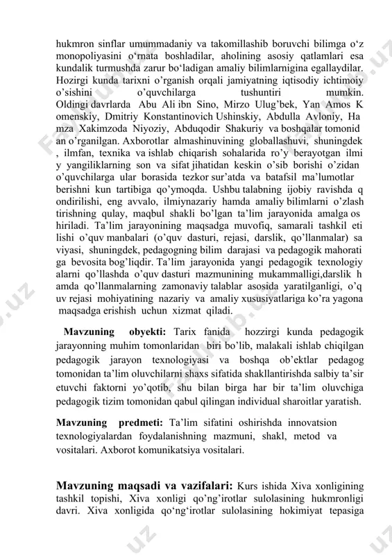 lik, qo’llanmalar) saviyasi, shuningdek, pedagogning bilim darajasi va pedagogik mahoratiga bevosita bog’liqdir. ta’lim jarayonida yangi pedagogik texnologiyalarni qo’llashda o’quv dasturi mazmunining mukammalligi,darslik hamda qo’llanmalarning zamonaviy talablar asosida yaratilganligi, o’quv rejasi mohiyatining nazariy va amaliy xususiyatlariga ko’ra yagona maqsadga erishish uchun xizmat qiladi. mavzuning obyekti: tarix fanida hozzirgi kunda pedagogik jarayonning muhim tomonlaridan biri bo’lib, malakali ishlab chiqilgan pedagogik jarayon texnologiyasi va boshqa ob’ektlar pedagog tomonidan ta’lim oluvchilarni shaxs sifatida shakllantirishda salbiy ta’sir etuvchi faktorni yo’qotib, shu bilan birga har bir ta’lim oluvchiga pedagogik tizim tomonidan qabul qilingan individual sharoitlar yaratish. mavzuning predmeti: ta’lim sifatini oshirishda innovatsion texnologiyalardan foydalanishning mazmuni, shakl, metod va vositalari. axborot komunikatsiya vositalari. mavzuning maqsadi va vazifalari: kurs ishida xiva xonligining tashkil topishi, xiva xonligi qo’ng’irotlar sulolasining hukmronligi davri. xiva xonligida qo‘ng‘irotlar sulolasining hokimiyat tepasiga qanday qilib kelishi. qo’ng’irotlar sulolasidan xiva xoni, shoir va bastakor muhammad rahimxon ii otasi vafotidan keyin muhammad rahimxon ii ni taxtga chiqishi …