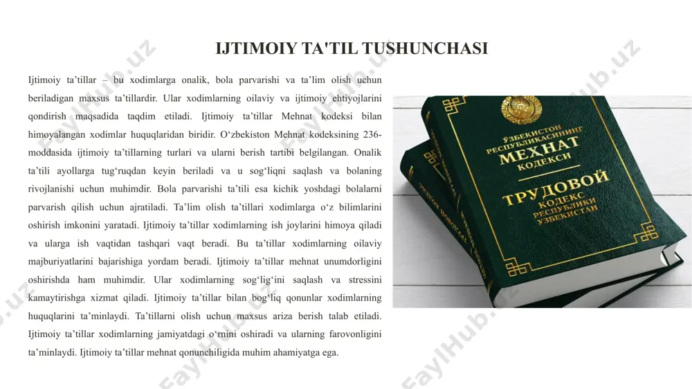 sh joylarini saqlab qoladi. bu ijtimoiy barqarorlikni ta’minlashga yordam beradi. ijtimoiy ta'til davomida xodimlar mehnatga bo‘lgan huquqlaridan mahrum bo‘lmaydi. ta'til davomida ish joyining saqlanishi xodimlarga ishonch beradi. mehnat stajining hisobga olinishi xodimlar uchun muhim ijtimoiy kafolatdir. pul kompensatsiyasi esa ularning moliyaviy holatini ta’minlashga yordam beradi. shunday qilib, ijtimoiy ta'tillar xodimlarning mehnat huquqlarini himoya qiladi. ular mehnat qonunchiligi bilan tartibga solinadi. ijtimoiy ta'tillar xodimlarning sog‘lig‘ini saqlashga xizmat qiladi. oilaviy hayotni tartibga solishda muhim rol o‘ynaydi. ish beruvchilar uchun ham ijtimoiy ta'tillar muhimdir. chunki ular xodimlarning ishga bo‘lgan motivatsiyasini oshiradi. ijtimoiy ta'tillar jamiyatdagi ijtimoiy adolatni mustahkamlaydi. bu ta'tillar xodimlarga dam olish va tiklanish imkonini beradi. shu bilan birga, mehnat unumdorligini oshiradi. ijtimoiy ta'tillar xodimlarni oilaviy majburiyatlarini bajarishga undaydi. bu ta'tillar bilan bog‘liq qonunlar doimiy ravishda yangilanib boradi. davlat organlari ijtimoiy ta'tillarni nazorat qiladi. xodimlar o‘z huquqlarini bilishi muhimdir. ijtimoiy ta'tillar ish va oilani muvozanatlashga yordam beradi. bu jamiyat barqarorligini oshiradi. homiladorlik va …