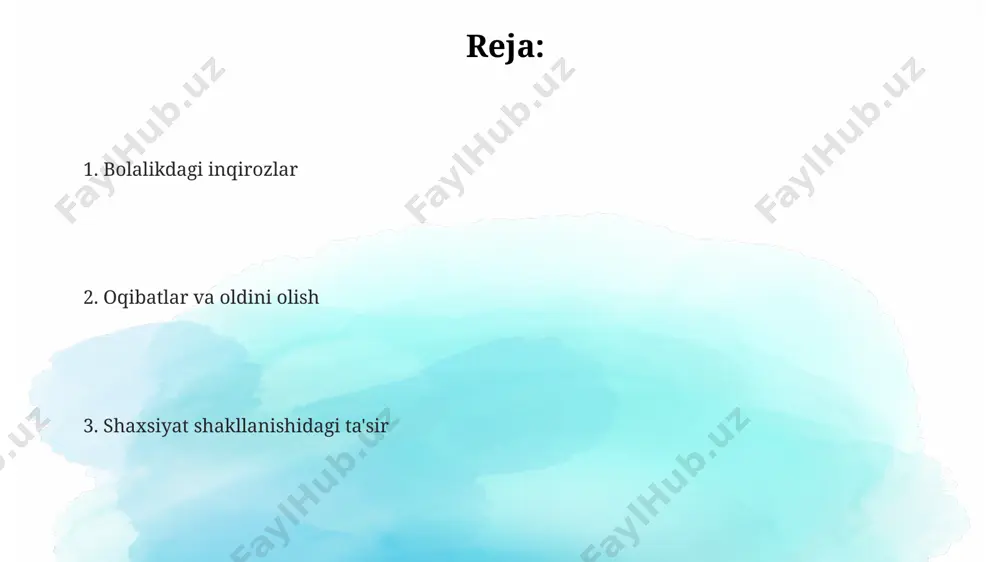 la muhiti va inqirozning o'zaro bog'liqligi oila muhitidagi salbiy voqealar, masalan, ota-onalarning ajrashishi yoki zo'ravonlik, 70% gacha bolalarda ruhiy- hissiy inqirozlarga olib kelishi va shaxsiyat shakllanishiga jiddiy ta'sir ko'rsatishi mumkin. oilaviy inqirozlarning turli xil turlari (moliyaviy, sog'liqqa oid, ijtimoiy) bolaning qobiliyatlari va xulq-atvoriga turlicha ta'sir ko'rsatadi, ya'ni 50% gacha holatlarda adaptiv mexanizmlar shakllanishiga, qolgan qismida esa neyrotik reaksiyalarga olib keladi. oiladagi kommunikatsiya buzilishi, qo'llab-quvvatlashning yetishmasligi va tushunmovchiliklar bolalarda 3 dan 10 yoshgacha bo'lgan davrda psixologik himoyalanish mexanizmlarini shakllantirishga xalaqit beradi, natijada shaxsiyatning noto'g'ri rivojlanishiga olib keladi. bolalikdagi inqiroz tushunchasi bolalikdagi inqirozlar 0-3 yosh, 3-6 yosh va 6-12 yosh oraligʻida uchraydi va erikson nazariyasiga koʻra, psixososial rivojlanishning muhim bosqichlarini oʻz ichiga oladi. bolalikdagi inqirozlar, masalan, ota-onalarning ajrashishi yoki yaqin kishining oʻlimi kabi omillar, bolaning xarakterining shakllanishiga sezilarli ta’sir koʻrsatadi va uzoq muddatli psixologik oqibatlarga olib kelishi mumkin. taxminan 70% gacha bolalar hayotining dastlabki yillarida biror bir inqirozga duch keladi va bu …