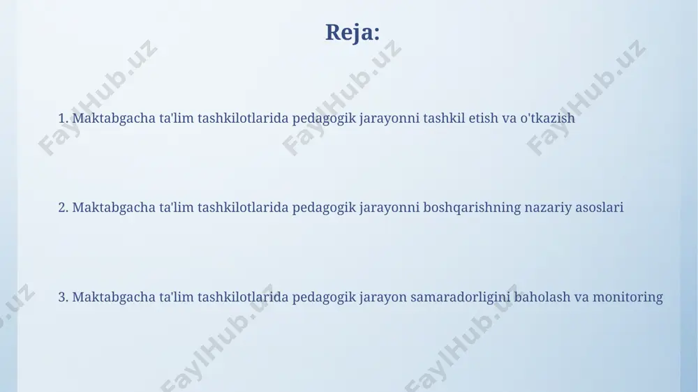 ni hisobga olish bolalarning e'tibor davomiyligi (o'rtacha 15-20 daqiqa) va faoliyatga bo'lgan qiziqishini saqlab qolish uchun, o'quv jarayonida turli o'yin elementlari va amaliy mashg'ulotlarni qo'llash muhimdir. individual rivojlanish traektoriyalarini hisobga olib, 5-6 nafar boladan iborat kichik guruhlarda ta'lim jarayonlarini tashkil etish orqali, har bir bolaning o'z sur'ati va imkoniyatlariga mos ta'lim olishini ta'minlash mumkin. o'qitish metodlari va vositalarini tanlash va qo'llash 5 yoshgacha bo'lgan bolalar uchun o'qitishda, o'yin shaklidagi metodlar (kampir va bola, oilaviy o'yinlar) samaradorligi 30% ga oshadi. ko'rgazmali qurollarning (rasmlar, o'yinchoqlar) soni 10 tadan ortiq bo'lsa, bolalarning esda saqlash qobiliyati 20% ga yaxshilanadi. bexatar va qulay muhitni yaratish bolalarning psixo-emotsional rivojlanishini hisobga olgan holda, har kuni kamida 2 soat ochiq havoda o'tkazish tavsiya etiladi. o'yin maydonchalarining xavfsizligini ta'minlash uchun 15 tadan ortiq xavfsizlik choralari, jumladan, to'siqlar va yumshoq qoplamalar o'rnatilishi lozim. maktabgacha ta'lim muassasalarida pedagogik jarayonni boshqarish maktabgacha ta'lim muassasalarida o'quv-tarbiya jarayonining samaradorligini oshirish uchun 30% vaqt innovatsion …