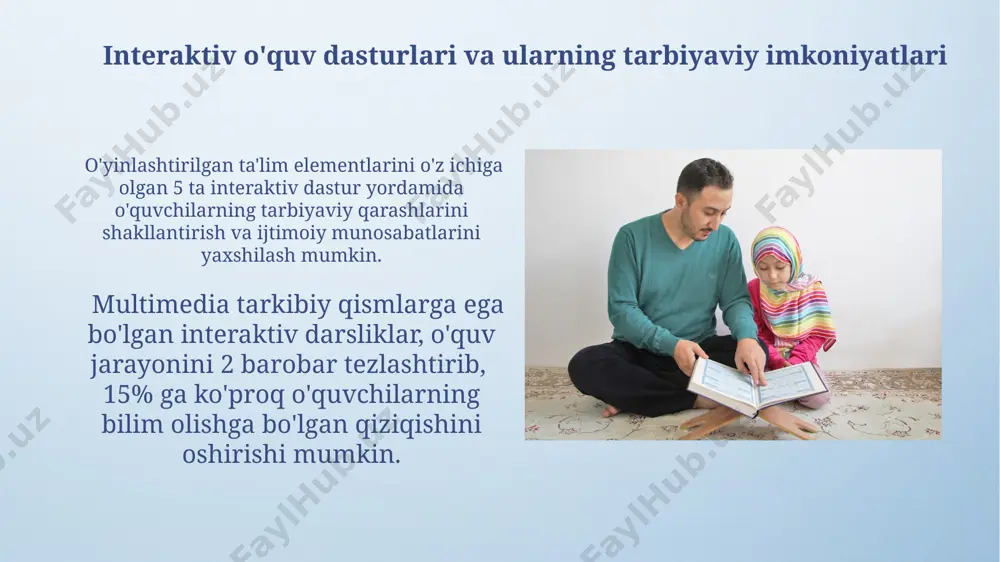 arining tarbiya jarayoniga integratsiyasi virtual va kengaytirilgan reallik texnologiyalari (vr/ar) tarbiya maqsadlarini 5x samaraliroq yetkazishga yordam beradi, ijtimoiy-axloqiy ko’nikmalarni rivojlantirishda yangi imkoniyatlar ochib beradi. onlayn testlar va simulyatsiyalar orqali o’quvchilarning bilim darajasi 30% aniqroq baholanadi va individual yondashuvni amalga oshirish imkoniyati yaratiladi. o'quvchilarning raqamli savodxonligini oshirish o'quv jarayoniga qr kodlar, veb-saytlar va onlayn ensiklopediyalarni qo'shish orqali o'quvchilarning mustaqil izlanish va axborotni tanqidiy tahlil qilish qobiliyatlarini rivojlantirish mumkin. raqamli resurslardan, masalan, ta'lim platformalari (e-learning), interfaol o'yinlar va 3d modellardan foydalanish o'quvchilarning axborotni qayta ishlash ko'nikmalarini 20% ga oshirishi mumkin. tarbiyaviy kontentni yaratish va tarqatishning zamonaviy usullari tarbiyaviy podcastlar va vebinarlarni yaratish va ijtimoiy tarmoqlar orqali, masalan, youtube va instagram kabi platformalar orqali 10 000 dan ortiq foydalanuvchiga yetkazish, keng auditoriyani qamrab olish imkonini beradi. tarbiyaviy kontentni interaktiv o'yinlar va simulyatsiyalar shaklida yaratish, 3d modellashtirish va vr texnologiyalaridan foydalanish o'quv jarayonini yanada jozibador va samarali qiladi. ota-onalar va o'qituvchilar uchun it vositalaridan …