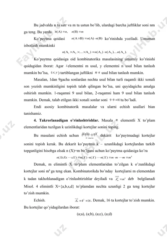 echish uchun x to’plamining elementlarini tartiblashni (nomerlashni) quyidagicha amalga oshiramiz: 1 – nomerni m ta eiementning istalgan biriga berish mumkin. shuning uchun 1- elementnin m usul bilan, 2 – elementni 1 – element tanlanib bo’lgandan so’ng m – 1 usul bilan tanlash mumkin va hokoza, oxirgi elementni tanlash uchun faqat bitta usul qoladi, xolos. tartiblashlarning umumiy soni ko’paytma qoidasiga ko’ra m (m – 1) (m - 2)…2.1 ga teng. uni m! orqali belgilanadi va u dastlabki m ta natural sonning ko’paytmasi yoki m factorial deb o’qiladi. uni orqali belgilanadi. demak, m elementli x to’plamni !usul bilan tartiblash mumkin ekan. - ni m elementdan takrorlanmaydigan o’rin almashtrishlar soni deb ataladi. misol. 12 ta mexmoni 12 ta stulga necha xil usul bilan o’tirg’izish mumkin. yechish. bu 12 elementdan takrarlanmaydigan o’rin almashtrishlar sonini topish masalasi bolib =12! = ga teng. demak, 12! usul bilan mexmonlarni o’tqazish mumkin. 6. takrorlanmaydigan o’rinlashtirishlar. masala. m elemintli …