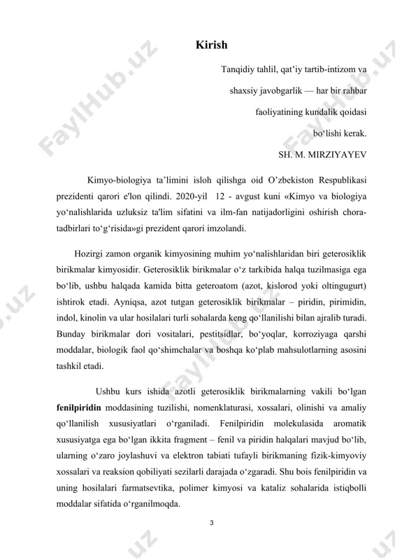cha qiymatini bir necha barobar oshirish imkonini berishini ta’kidladi. prezidentimiz yuqori texnologiyali investitsiya loyihalari sonini sezilarli darajada oshirish vazifasini qoʻydi va hukumatga soha muammolarini tezkorlik bilan hal etish, uning salohiyatini toʻliq ishga solish va muhim loyihalarni amalga oshirishni jadallashtirish boʻyicha topshiriqlar berdi. shuningdek, ishlab chiqarish quvvatlaridan maksimal darajada foydalanish, energiya samaradorligini oshirish va ishlab chiqarish tannarxini pasaytirish bo‘yicha mutasaddilarga tegishli topshiriqlar berildi. yana bir muhim e’tiborga loyiq tomonlardan biri, o’zbekiston respublikasida kimyo sohasi uchun prezidentimiz shavkat miromonovich mirziyoyevning 2022-yil 12-maydagi pq-4708-sonli qarorida “ilm-fanni 2030-yilgacha rivojlantirish strategiyasi” qabul qilindi. bu strategiyada kimyo fanini zamonaviy texnologiyalar asosida rivojlantirish amaliy kimyoviy tahlillarni ishlab chiqishni joriy etish va oliy ta’lim laboratoriya tajribalarini takomillashtirish asosiy yo’nalishlardan biri sifatida belgilanadi. shuningdek, mahalliy mineral xom ashyo resurslarini chuqur qayta ishlash orqali yangi turdagi kimyo va gaz-kimyo mahsulotlarini ishlab chiqarish, sohaga mahalliy va xorijiy to‘g‘ridan-to‘g‘ri investitsiyalarni jalb etish maqsadida hamda o‘zbekiston respublikasi prezidentining 2022-yil 28-yanvardagi “2022 — 2026-yillarga …