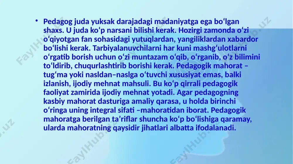 ing quvvati, ziynati, kengligi, muallimning tarbiyasiga bog’liqdur»[2] - deydi. yan amos komenskiy o’z davrida o’qituvchining bola dunyoqarashini rivojlantirishdagi roliga katta baho berib, o’qituvchilik «er yuzidagi har qanday kasbdan ko’ra yuqoriroq turadigan juda faxrli kasb» ekanligini tahkidlaydi. muallifning fikricha, pedagog o’z burchlarini chuqur anglay olishi hamda o’z qadr-qimmatini to’la baholay bilishi zarur. ya.a.komenskiy o’qituvchi obrazini tasvirlar ekan, uning shaxsida quyidagi fazilatlarning namoyon bo’lishi maqsadga muvofiqligiga urg’u beradi: vijdonli, ishchan, sabotli, axloqli, o’z ishini sevuvchi, o’quvchilarga otalaridek muomala qiluvchi, ularda bilimga havas uyg’otuvchi, o’quvchilarni o’z ortida ergashtiruvchi va diniy ehtiqod. k.d.ushinskiy o’qituvchi mahnaviyati va kasbiy faoliyatiga yuqori baho beradi hamda ularning kasbiy malakalarini doimiy ravishda takomilashtirib borish maqsadga muvofiq ekanligi to’g’risidagi fikrni ilgari suradi. mazkur g’oyaning ij timoiy ahamiyatini tasdiqlovchi tizim – o’qituvchilarni tayyorlovchi tizimni ilk bor asoslaydi. maktabgacha taʼlim hayoti kichik pedagogik jarayon bo‘lib juda xilma - xildir. pedagogik nazariyaga mos kelmaydigan vaziyatlar uchrab turadi. bu esa pedagogdan keng bilimdonlikni, puxta …