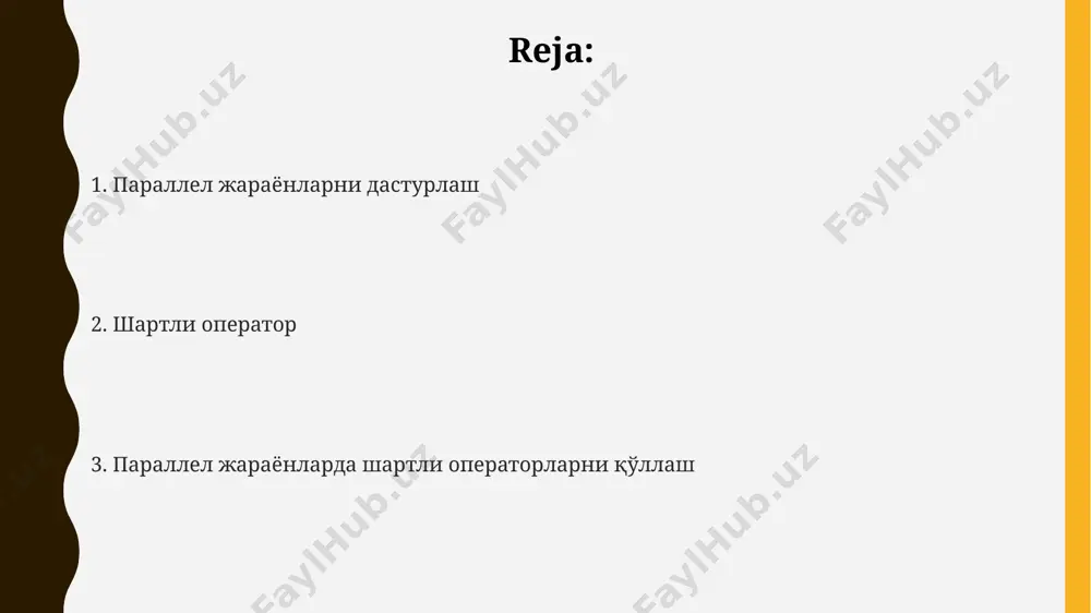 ning birgalikdagi ta'sirini aniqlash uchun ustunlik darajalarini (precedence) va qavslarni qo'llash kerak. shartlar sonining oshishi murakkablikni oshiradi. blokirovka va kutish mexanizmlari kutish va signal berish (wait/signal) operatsiyalari orqali jarayonlar bir-birlariga hodisalar haqida xabar berishi va shu orqali jarayonlarni sinxronlash mumkin, bu esa 2 ta jarayon orasidagi muloqotni samarali boshqarish imkonini beradi. blokirovka mexanizmlari, masalan, mutexlar, bir vaqtning o'zida bir nechta jarayonning umumiy resursga kirishini oldini olib, 1 dan ortiq jarayonning o'zaro ta'sirini boshqarishda muhim rol o'ynaydi. shartli kutish (conditional wait) mexanizmi jarayonlarga ma'lum shartlar bajarilguncha kutish imkonini beradi, bu esa noaniqliklar va o'lik qulflar (deadlocks) ehtimolini kamaytiradi, masalan, shartlar soni 3 ta bo'lishi mumkin. parallel jarayonlarda shartli operatorlardan foydalanish `fork-join` modeli yordamida parallel hisoblashlarda shartli operatorlar qaysi hisoblash yo'lini tanlash kerakligini aniqlashda, masalan, 10 dan ortiq element bo'lsa, algoritmning parallel versiyasini tanlashda muhim rol o'ynaydi. parallel jarayonlarda shartli operatorlar (masalan, `if-else` yoki ternary operatorlar) jarayonlarning bajarilish yo'nalishini ma'lumotlarga qarab 2 …