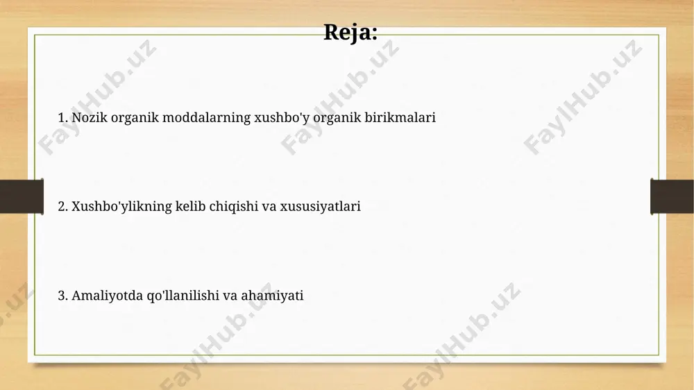 molekulyar og'irlikka ega (masalan, 60 dan 300 g/mol gacha) va o'ziga xos hid beruvchi uchuvchi organik moddalardir. kirish kirish tarkibida, asosan, 30 dan 50% gacha naften uglevodorodlari mavjud bo'lib, ular molekulalarida siklik halqalarni o'z ichiga olgan to'yingan uglevodorodlardir. yuqori molekulyar og'irlikdagi aromatik birikmalar kirish tarkibining 10-20% ini tashkil qiladi, ular qo'shimcha yon zanjirlari bilan bir yoki bir nechta benzol halqalarini o'z ichiga oladi. xulosa xulosa, odatda, tadqiqot maqolasining oxirida joylashadi va 3-4 ta asosiy natijani jamlaydi, shu bilan birga, tadqiqotning ahamiyatini ta'kidlaydi. xulosa, tadqiqot savoliga javob berishi kerak, 5-6 ta so'z bilan asosiy topilmalarni ta'kidlab, kelajakdagi tadqiqotlar uchun yo'nalishlarni ko'rsatishi mumkin. e'tiboringiz uchun rahmat @slaydtayor_bot image8.jpg image9.jpg image10.jpg image11.jpg image12.jpg image13.jpg image14.jpg image3.png image4.png