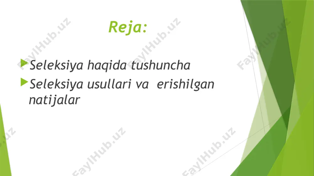 ga qarab eng yaxshi o’simliklarni tanlash va urug’larini birlashtirib ekishidan kelgusidagi avlodini hosil qilish. bu usul qo’llanishi natijasida makkajo’xorining bir kancha mashxur navlari yaratilgan. bu navlar seleksiya uchun qimmatli boshlang’ich material bo’lib xizmat qilgan. ammo keyinchalik ma’lum buldiki, bu usuldan foydalanib makkajo’xorini hosildorligi bo’yicha katta muvoffakiyatlarga erishib bo’lmaydi. shuning uchun 19 nchi asrning 90 nchi yillarida so’tali tanlash yoki yakka tanlash usuli ishlab chiqiladi. eng yaxshi so’talar tanlab olinib, har bir so’taning urug’i alohida qatorga ekilib nasliga qarab baholash o’tkazilar edi. bu usulning ham hosildorlikka qaratilgan seleksiyasi kam samarali bo’lgan. seleksiyaning ishida sezilarli va katta qadam bo’lib navlararo duragaylash hisoblanadi. bu usuldan foydalanishda insuxtning ta’siri mustasno, ota–ona shakllarining belgilari hisobga olinadi. navlar aro duragaylarini hosildorligi bo’yicha taxlil qilganda ularning hosildorligi ota– ona shakllariga nisbatan odatda ko’p farq qilmasligi, ayrim holatda 15–20 % gacha oshganligi aniqlandi. geterozisning eng yuqori samarasi o’zidan changlatilgan liniyalarini chatishtirishda kuzatilgan. bu kashfiyot makkajo’xorining liniyalar aro duragaylash …