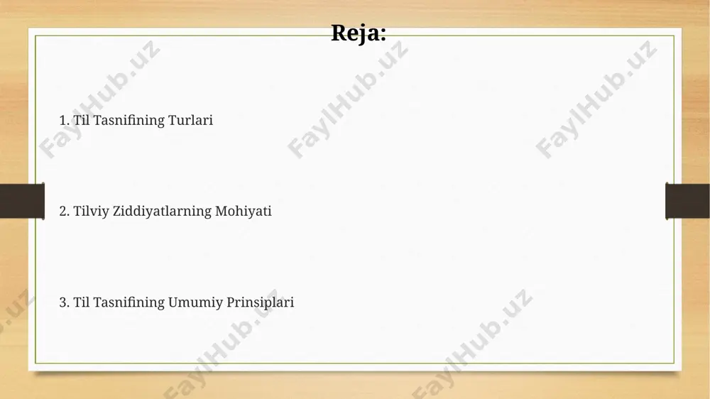 – genetik, tipologik va areal – jahon tillarining 7000 dan ortiq oilasini 6 ta geografik mintaqaga boʻlish imkonini beradi. tilviy ziddiyatlarning turlari va misollar tilviy ziddiyatlarning bir turi – fonetik ziddiyat, masalan, “qo`shiq” va “qo`shni” so`zlaridagi [q] tovushining turlicha talaffuzi, toshkent shevasida 2 xil usulda aytiladi. semantik ziddiyatlar 3 turga bo`linadi: sinonimik, antonimik va paronimik. masalan, “yaxshi” va “a’lo” sinonimlar, “katta” va “kichik” antonimlar, “ko`z” va “ko`zgu” esa paronimlar hisoblanadi samarqand viloyatida. sintaktik ziddiyatlar gap tuzilishidagi noaniqliklarni ifodalaydi. masalan, "men kitobni o'qidim" jumlasida fe'lning qo'llanishiga bog'liq ravishda 2 xil ma'no tushunilishi mumkin – andijon hududida. til tasnifining metodlari til tasnifining morfologik metodlari, 20-asrning boshlarida yevropada keng tarqalgan bo'lib, so'zlarning shakl va tuzilishiga asoslangan holda, 5 ga yaqin asosiy til oilalarini ajratishga imkon bergan. genetik tasniflashda, ya'ni tillarning kelib chiqishi va tarixiy rivojlanishiga asoslangan holda, 1000 dan ortiq til oilalari aniqlangan bo'lib, ular orasida hindiston-yevropa tillari oilasi eng keng tarqalgan hisoblanadi. …