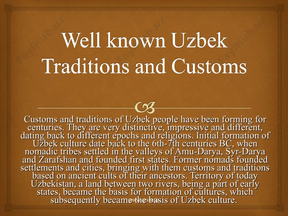 changed despite the desire of many invaders to impose alien culture on. arabs had the greatest influence on uzbek customs and traditions, through the extension of islam throughout central asia. islam traditions were closely intertwined with local culture and firmly settled in the mode and minds of uzbek people. uzbek customs www.arxiv.uz www.arxiv.uz www.arxiv.uz www.arxiv.uz centuries-old customs and traditions of uzbek people are carefully maintained and passed on from generation to generation. like many asian nations, most festive uzbek customs are related with major family celebrations: births and weddings. these events include many rites and rituals, involving parents, children, brothers, sisters, immediate and remote relatives as well as neighbors and guests. each one has its own role. uzbek traditions are based on hospitality, respect for elders, observance of rules of the koran. www.arxiv.uz www.arxiv.uz www.arxiv.uz www.arxiv.uz traditions customs and traditions of uzbekistan traditions and customs of uzbek people have formed …