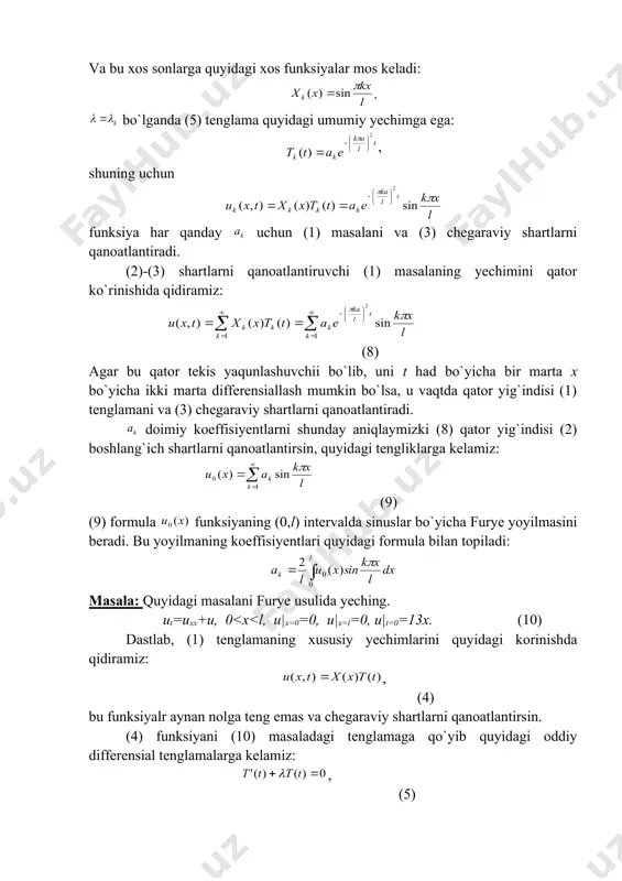himni ko`rinishda qidaramiz, bu yerda , . u holda , yechim esa (*) ko`rinishda bo`ladi. yechimdagi funksiya quyidagi masalani qanoatlantiradi: vtt=vxx+v+ , (0<x<l); v|x=0=0, v|x=l=0, u|t=0=0, ut|t=0=0. (11) berilgan tenglamaning - xos sonlarini va xos funksiyalarini aniqlaymiz. shunga asosan yechimni quyidagi ko`rinishda qidiramiz: . (12) tenglamaning ozod hadi funksiyani furye qatoriga yoyamiz: . (13) - furye koeffisiyentlarini quyidagi formula yordamida aniqlaymiz: . integralni bo`laklab integralymiz. natijada . (14) (12) va (13) funksiyalarni (14) ni hisobga olgan holda (11) masalaga etib qo`yamiz, natijada noma`lum funksiya uchun quyidagi koshi masalasini olamiz: (15) (15) masalani yechishda, dastlab, tenglamaning yechimini quyidagi ko`rinishda qidiring: , bu yerda - berilgan tenglamaga mos bir jinsli tenglamaning umumiy yechimi, - berilgan tenglamaning xususiy yechimi bo`lib, o`ng tomonga qarab tanlanishi mumkin, bizning holimizda, ko`rinishda qidirish mumkin. (15) masalani yechib, natijada (11) masalaning yechimini aniqlaymiz: . (16) (16) funksiyani (*) ga etib qo`yib, berilgan masalaning yechimini olamiz, ya`ni: . 2 …