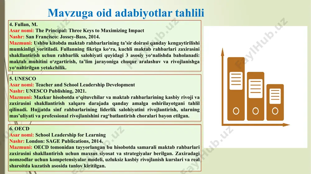 chilarning boshqaruv ko‘nikmalari sustligi rahbarlik va sinf boshqaruvi bo‘yicha o‘quv-seminarlar tashkil etish metod birlashma rahbarlari, psixolog mart–may yosh kadrlar rahbarlikka tayyor bo‘ladi 3. tajriba almashish imkoniyatlarining cheklanganligi “ustoz-shogird” tizimini yo‘lga qo‘yish, ilg‘or rahbarlar bilan uchrashuvlar o‘tkazish direktor o‘rinbosarlari har chorakda nomzodlar amaliy tajriba orttiradi chora-tadbirlar rejasi 12 t/r muammo amalga oshirish mexanizmi mas’ullar muddat natija 4. nomzodlarning amaliy rahbarlik tajribasi yo‘qligi zaxira kadrlarni vaqtincha rahbarlik lavozimiga tayinlab sinovdan o‘tkazish direktor zaruratga ko‘ra amaliy rahbarlik tajribasi shakllanadi 5. kadrlar salohiyatini muntazam baholash tizimi yo‘qligi reyting tizimini joriy etish va yil yakunida natijalarni e’lon qilish direktor, kadrlar bo‘limi dekabr yil uchun zaxira kadrlar reytingi shakllanadi chora-tadbirlar rejasi 13 e’tiboringiz uchun tashakkur! image1.png image2.svg image3.png image4.jpeg image5.jpg image6.jpeg image7.png image8.png image9.png image10.png image11.png image12.png image13.png image14.png image15.jpeg image16.jpeg image17.png image18.jpeg image19.jpeg image20.jpeg image21.png image22.png /docprops/thumbnail.jpeg