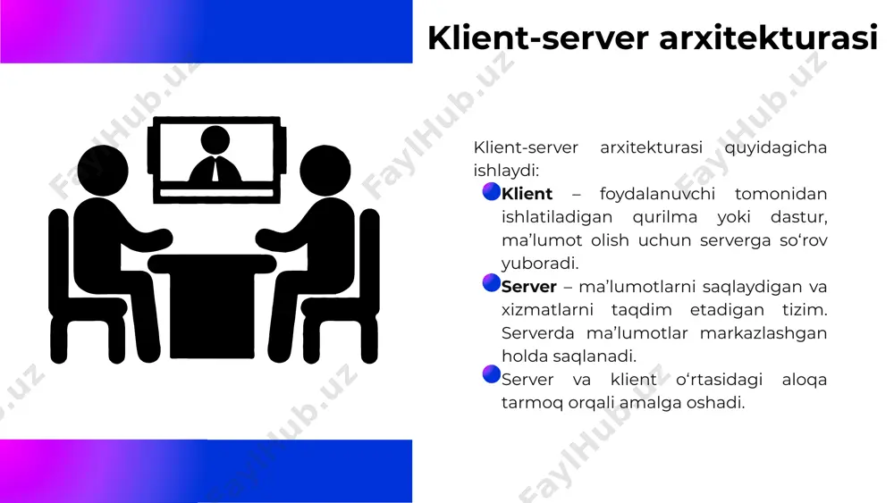 lient (brauzer) so‘rov yuboradi, server esa javobni qaytaradi va foydalanuvchiga ko‘rsatadi. amaliy misol klient-serverning xavfsizlik va xizmat ko‘rsatish jihatlari xavfsizlik: klient-server tizimida ma'lumotlar serverda markazlashtirilgan bo‘lgani uchun, xavfsizlikni oshirish uchun kuchli himoya vositalaridan foydalanish zarur. xizmat ko‘rsatish: server tizimlarining yuqori samaradorligi foydalanuvchilarga yuqori sifatli xizmatlar taqdim etish imkonini beradi. kengaytirilish: yangi mijozlar qo‘shilishi va serverning resurslari kengaytirilishi mumkin. xulosa klient-server texnologiyasi zamonaviy axborot tizimlarida asosiy model sifatida ishlatiladi. u ma’lumotlarni markazlashtirish, xavfsizlikni boshqarish, samarali resurs taqsimlash va tizimni kengaytirish imkoniyatlarini taqdim etadi. ammo serverning ishdan chiqishi tizimning to‘xtashiga olib kelishi mumkin, shuning uchun tizimni xavfsiz va barqaror ishlashini ta’minlash zarur. "thank you for your attention!" image1.png image2.png image3.svg image3.png image5.svg image4.gif image5.png image8.svg image6.png image10.svg image7.png image12.svg image8.png image14.svg image9.png image16.svg image25.svg image10.png image11.png image19.svg image12.png image21.svg image13.png image23.svg image14.png image15.png image27.svg image16.png image29.svg image17.png image31.svg image18.png image33.svg image19.png image35.svg image20.png image37.svg /docprops/thumbnail.jpeg