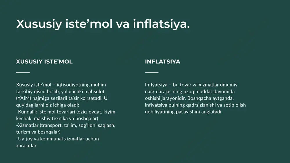 miqdorining ko‘payishi tufayli talab ortib, narxlar oshadi. masalan: agar odamlar ko‘proq uy sotib olishni boshlasalar, uy narxlari oshadi. taklif inflyatsiyasi – ishlab chiqarish xarajatlarining oshishi natijasida narxlar ko‘tariladi. masalan: neft narxi oshsa, transport va ishlab chiqarish xarajatlari ham oshadi, bu esa umumiy narxlarga ta’sir qiladi. pul massasi ortishi – iqtisodiyotda haddan tashqari ko‘p pul muomalada bo‘lsa, u o‘z qiymatini yo‘qota boshlaydi. masalan: davlat ko‘p miqdorda yangi pullar chiqarsa, ular qadrsizlanadi va narxlar oshadi. inflyatsiya turli omillar natijasida yuzaga kelishi mumkin. uning asosiy sabablariga quyidagilar kiradi: inflatsiyaning asosiy sabablari: inflyatsiyaning oqibatlari inflyatsiya turli ijobiy va salbiy ta’sirlarga ega: 📈 ijobiy tomonlari: ✔ mo‘tadil inflyatsiya iqtisodiy o‘sishni rag‘batlantiradi. ✔ davlat qarzlarining real qiymati pasayadi. 📉 salbiy tomonlari: ❌ pul qadrsizlanadi va aholi xarid qobiliyati pasayadi. ❌ jamg‘armalar kamayadi, chunki odamlar pullarini tezroq sarflashga harakat qiladi. ❌ ishlab chiqarish harajatlari oshadi va bizneslar qiyinchiliklarga duch keladi. inflatsiya turları sudraluvchi giperinflatsiya shiddatli inflatsiya inflyatsiyani …
