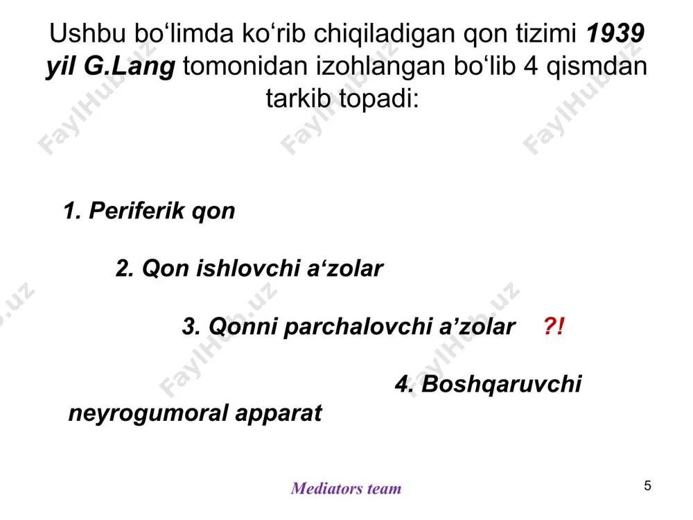 otakrit koʻrsatkich 45/42(pcv) (haqiqiy gemotakrit va tana gemotakriti ?). 2. rbc lar hajmi (mcv) ? (ahamiyati???) mediators team hujayraning hb ga hajm birligida toʻyinganligi (mchc) mediators team * rang koʻrsatkich yoki farb indeksi (rk) eritrotsitlar choʻkish tezligi (echt) normada 33,3% ni tashkil qiladi (30-38% orasida). va bu hajm birligida toʻyinganlik normoxromik rbc deb nomlanadi. meʼyordan kam boʻlgan hollar esa fe tanqislik anemiyasida uchraydi va gipoxromik rbc deb nomlanadi. hbx3/eritrotsit (3ta soni) mediators team tanaffus dentistry 07 * dentistry 07 dentistry 07 * dentistry 07 dentistry 07 * dentistry 07 eritron va eritropoez (gemopoez) ??? mediators team * mediators team mediators team * mediators team mediators team * rbclarning shakllanishi 5 yoshgacha barcha suyak koʻmiklarida amalga oshsa, 20 yoshdan keyin uzun suyaklar ahamiyati yoʻqoladi, bunga sabab nima? mediators team * mediators team mediators team * mediators team mediators team dentistry 07 * dentistry 07 oʻsish va differensirovka induktorlari induktorlari turli oʻzak …