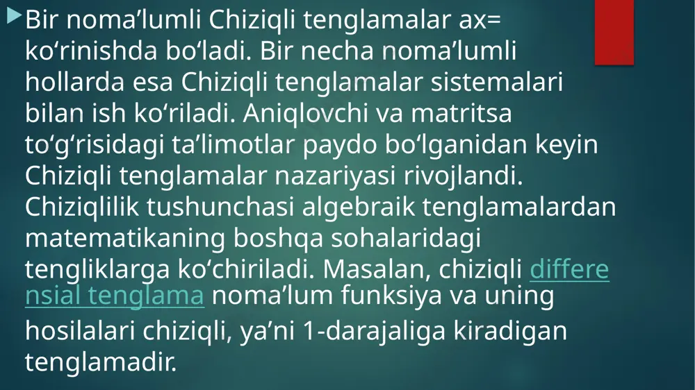 uladigan m-ulchovli birlik matritsa masala shartida katnashadi deb faraz kildik. bu birlik matritsa yerdami bilan optimal planga utishga yerdam beradigan planni tuzish mumkin. agar chizikli programmalash masalasining chegaraviy shartlari ax*r0 kurinishda berilgan bulsa, kushimcha uzgaruvchilar kiritish mumkin. etiboringiz uchun rahmat image2.png image3.png image4.png image5.png /docprops/thumbnail.jpeg