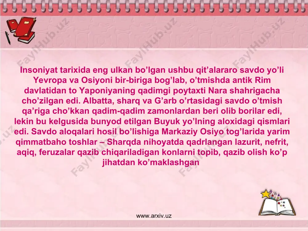 i. www.arxiv.uz www.arxiv.uz shuni aytib o’tish lozimki, bu yo’l hech qachon yagona bir yo’l bo’lmasdan, balki azim bir daraxtning sadasiga o’xshash tarzda shoxlanib ketgan turli-tuman yo’nalishlarni o’z ichiga olgan edi. masalan, osiyoni sharqdan g’arbga qarab kesib o’tuvchi asosiy yo’llardan biri qadimiy xitoyning poytaxti chanan shahrida boshlanib, uning shimoli-g’arbiy chegaralarigacha gobi sahrosining cheti bo’ylab ketgan, keyin sharqiy turkiston orqali o’tgan. www.arxiv.uz www.arxiv.uz tyan-shan tizmasi dovonidan oshib o’tgan karvonlarinng bir qismi farg’ona vodiysi va toshkent vohasi orqali so’g’diyonaning poytaxti samarqandga, buxoroga, xorazmga olib borgan, keyin esa kaspiy dengizi qirg’oqlariga yetib kelar edi. karvonlarni gbir qismi samarqanddan chiqib, baqtriyaga borar va qashqadaryo vodiysi dan o’tib termiz shahriga kelar edi, u yerdan amudaryodan kechib o’tib, janubga, baqtralar va hindistonga qarab ketar edi. www.arxiv.uz www.arxiv.uz yo’lning yana bir yo’nalishi tarim shahridan chiqib, takla-makon sahrosini janub tarafidan aylanib o’tib, xotan va yorkent shaharlari orqali baqtraga (shimoliy afg’oniston) va marvga kelar edi, bu yerdan karvonlar eron, suriya …