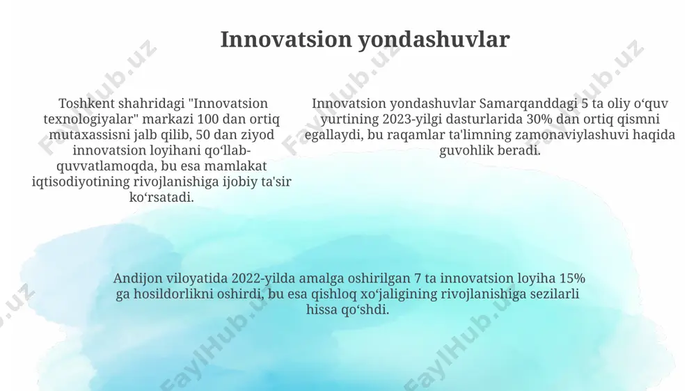 , 3 yillik davr mobaynida o'quvchilarning 70% dan ortig'i tomonidan muvaffaqiyatli bajarilganligi ko'rsatkichlari bilan tasdiqlangan, bu esa toshkent shahridagi eksperimental maktablarda amalga oshirilgan. e'tiboringiz uchun rahmat @taqdimot_robot image1.png
